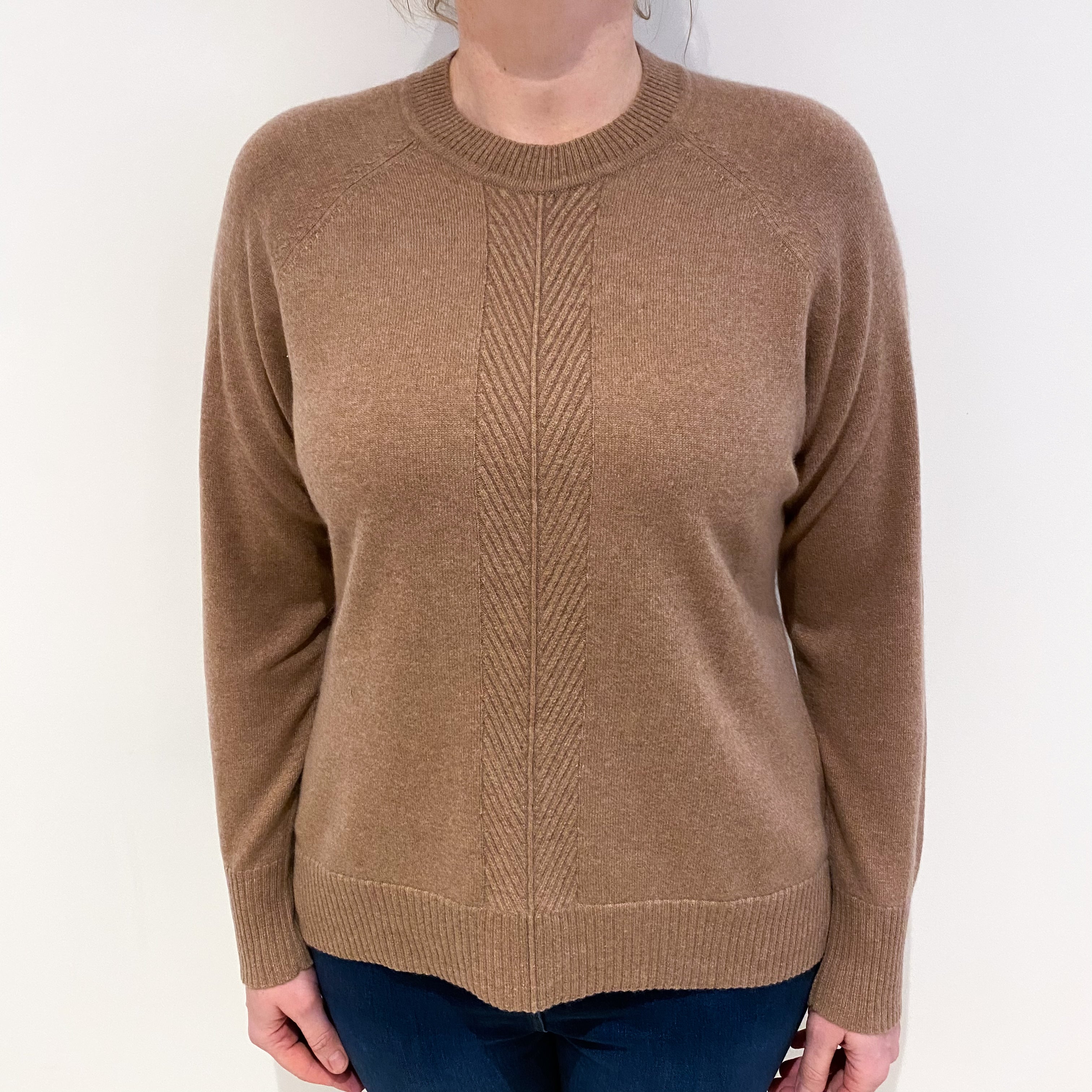 Toffee Brown Textured Detail Cashmere Crew Neck Jumper Large