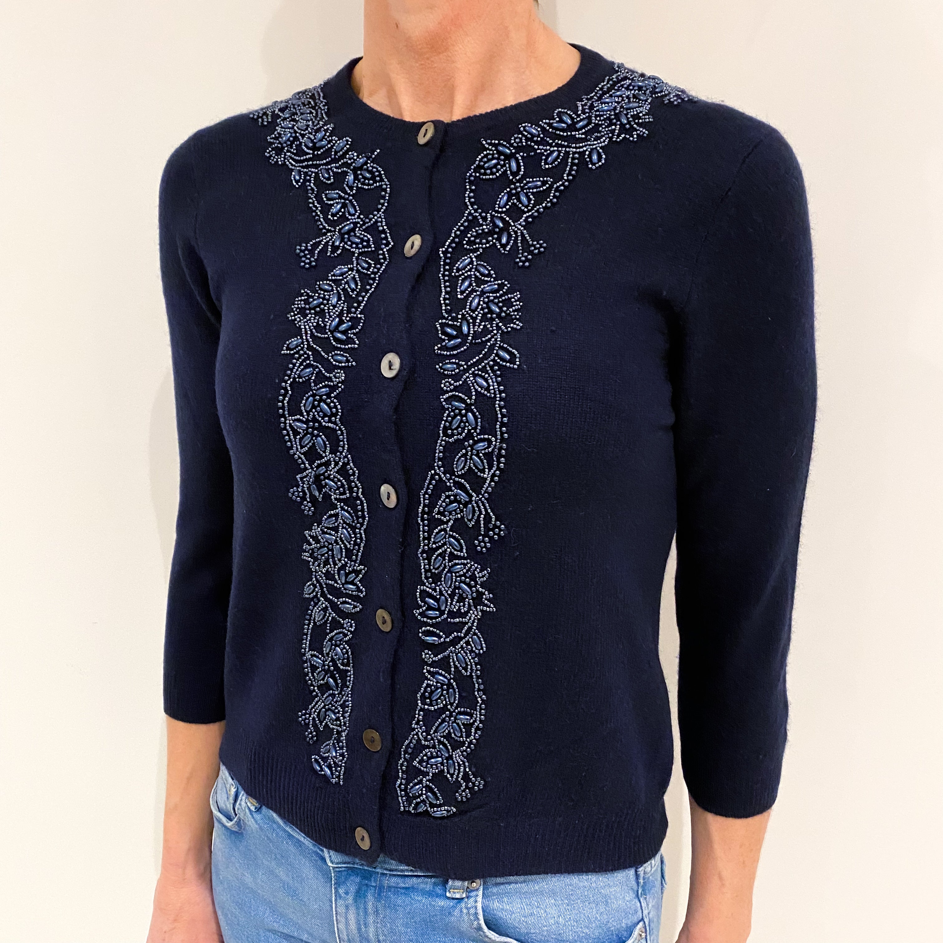 Navy Bead Embellished Cashmere Crew Neck Cardigan Small