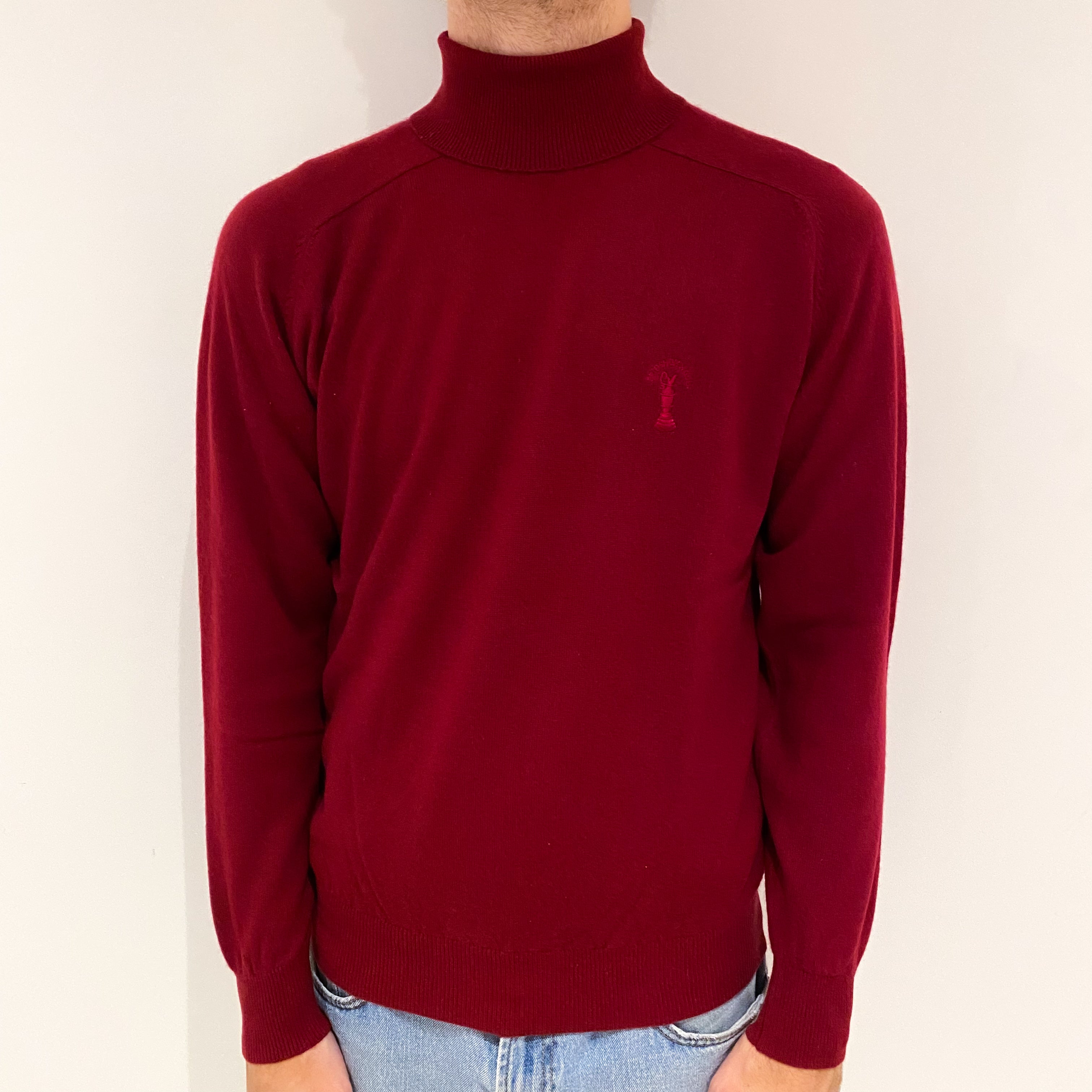 Men's Burgundy Red Cashmere Polo Neck Jumper Large
