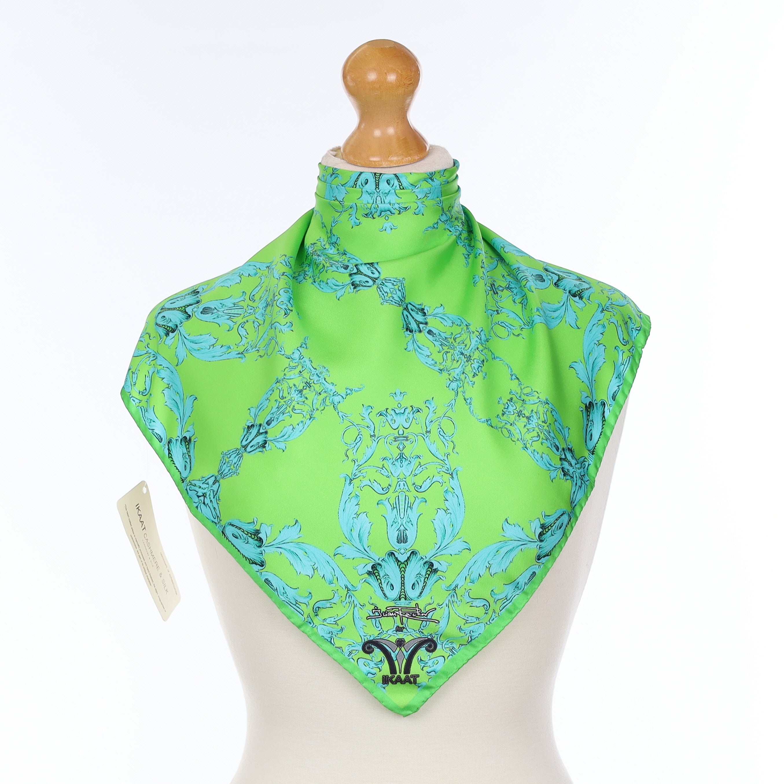 Brand New Green Baroque Patterned Silk Scarf