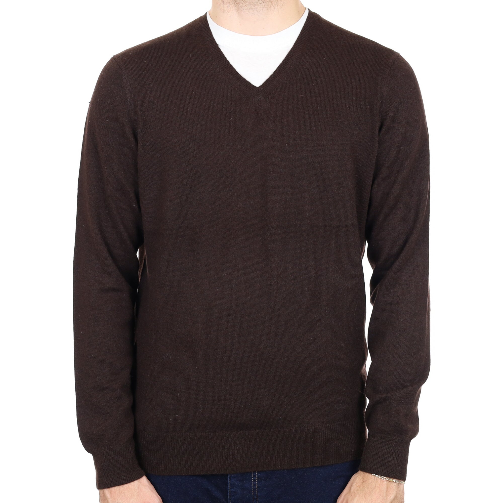 Men's Peppercorn Brown Cashmere V Neck Jumper Large