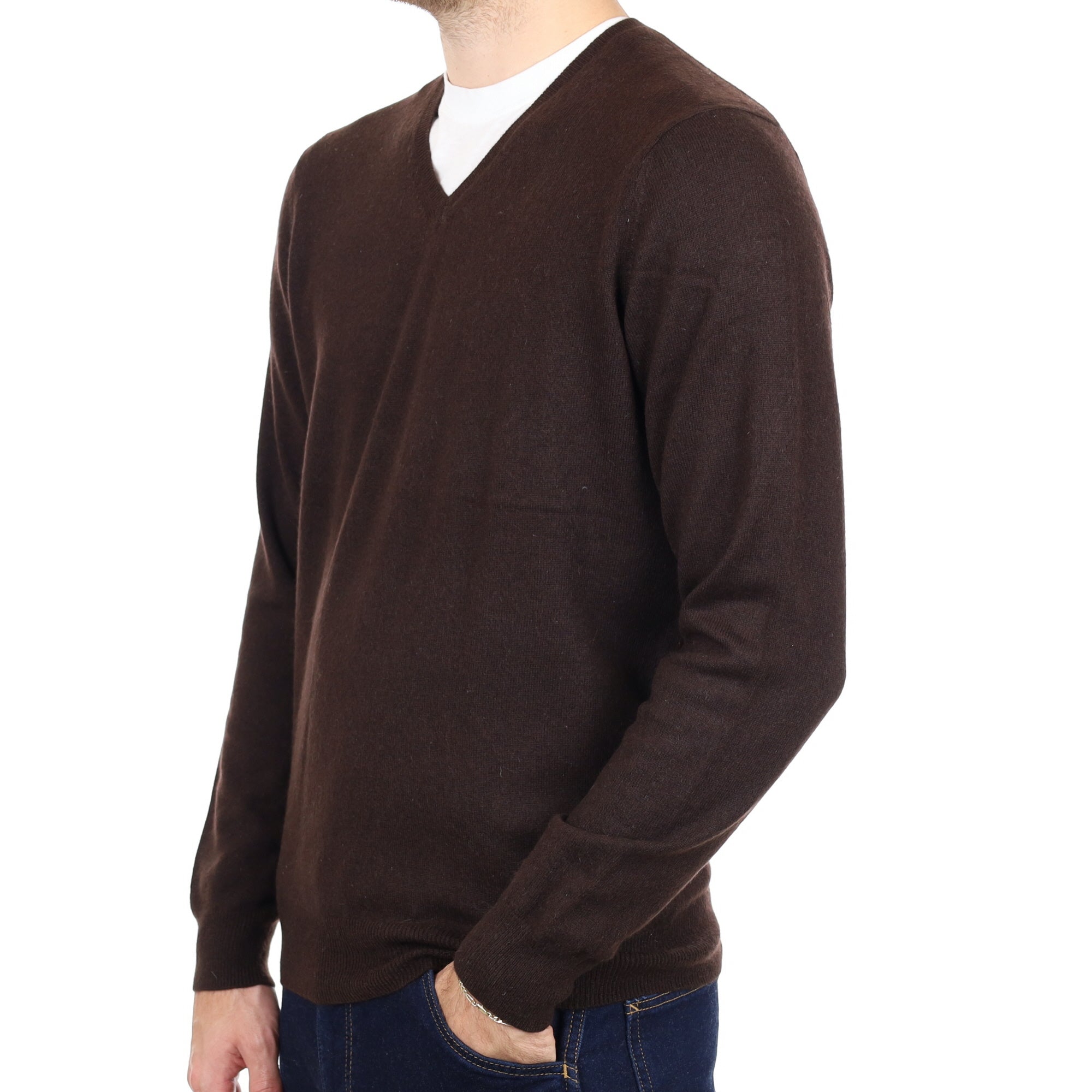 Men's Peppercorn Brown Cashmere V Neck Jumper Large