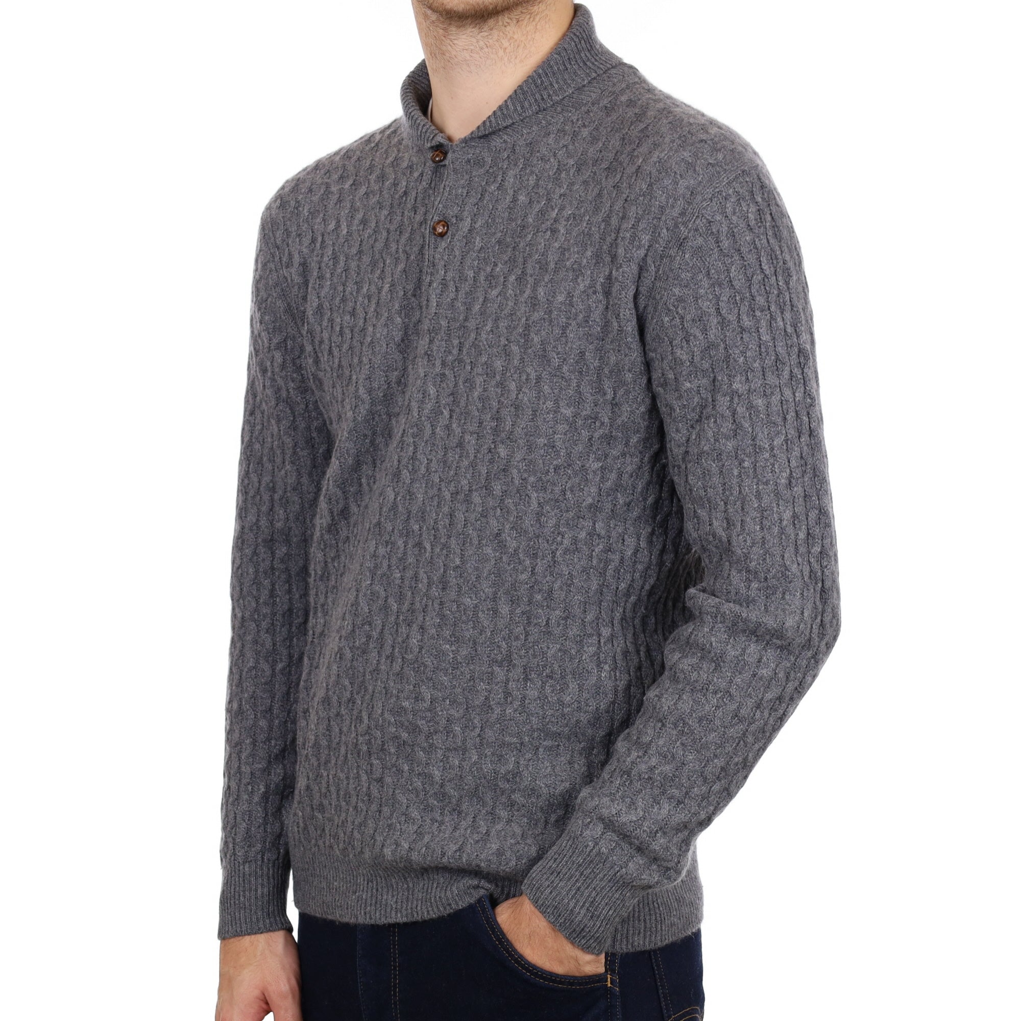 Men's Slate Grey Cashmere 1/4 Button Neck Jumper Medium