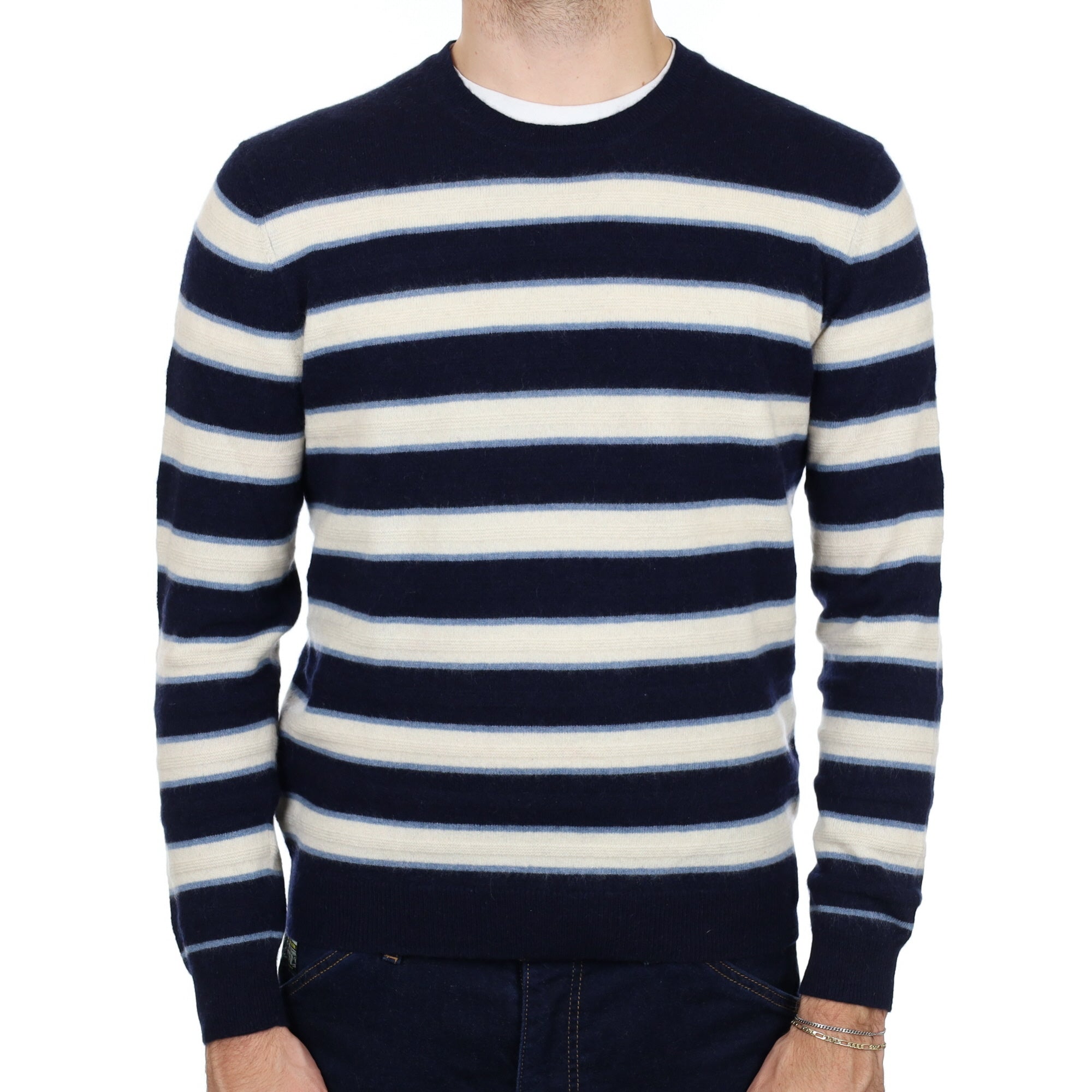 Men's Navy and Cream Striped Cashmere Crew Neck Jumper Medium
