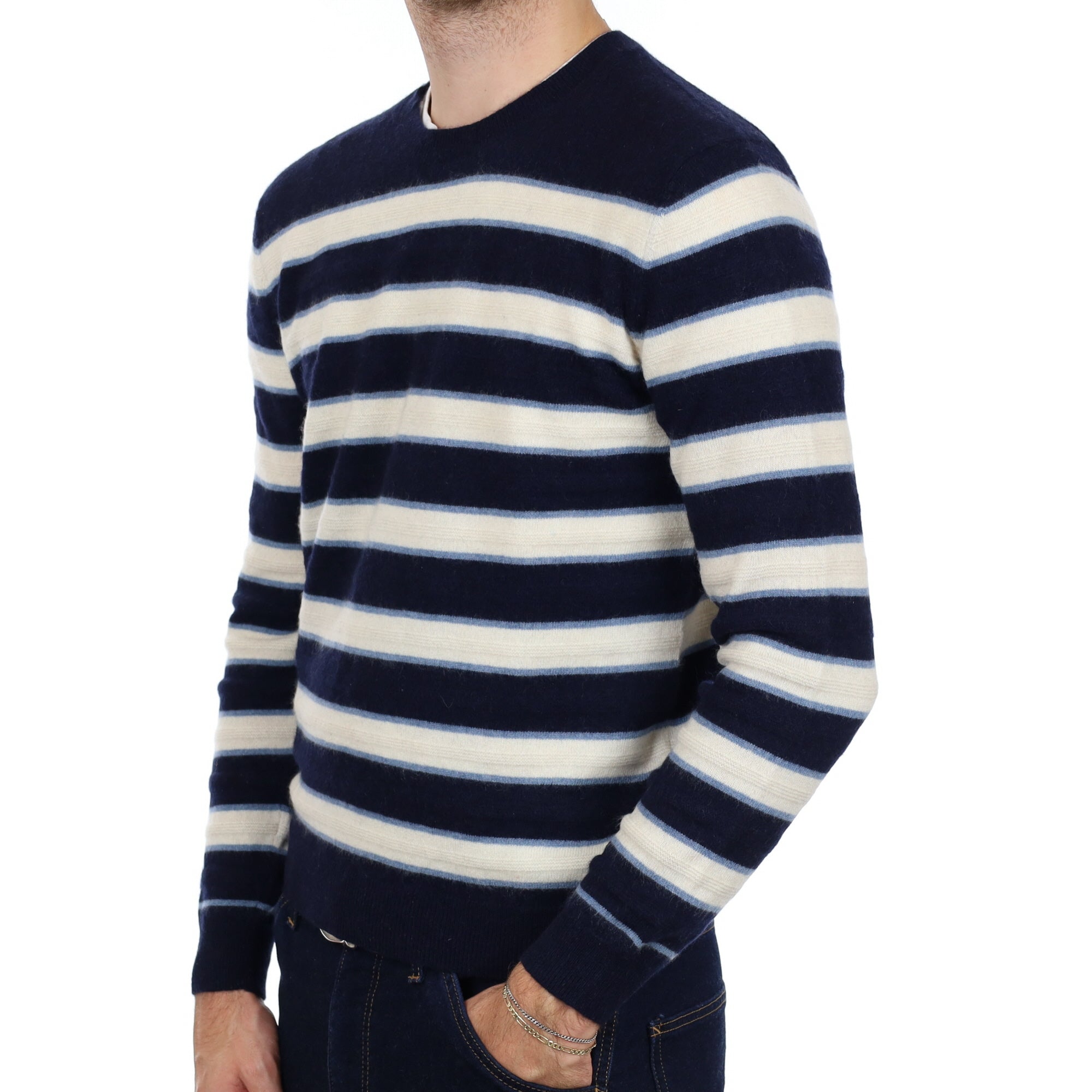 Men's Navy and Cream Striped Cashmere Crew Neck Jumper Medium