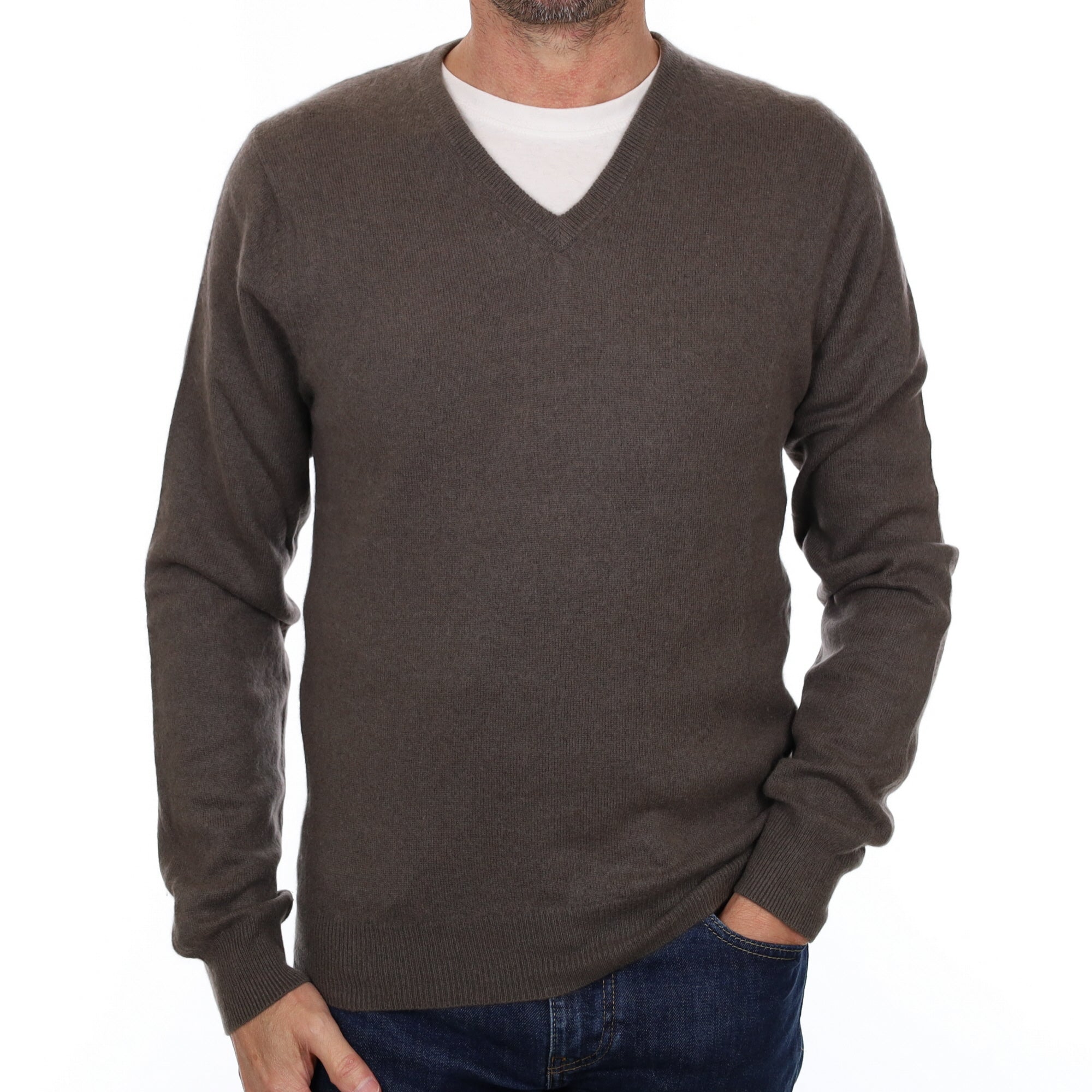 Men's Mushroom Grey Cashmere V Neck Jumper Small