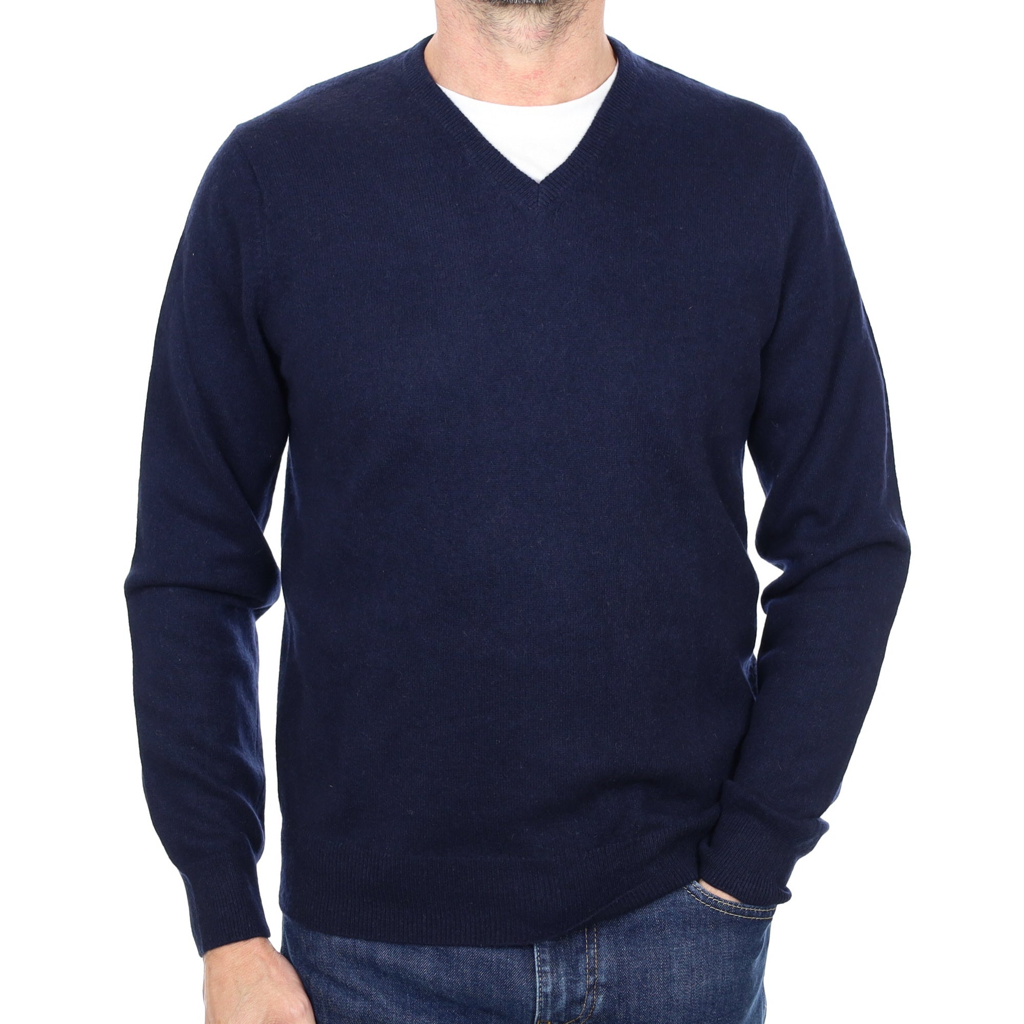 Men's Navy Blue Cashmere V Neck Jumper Small