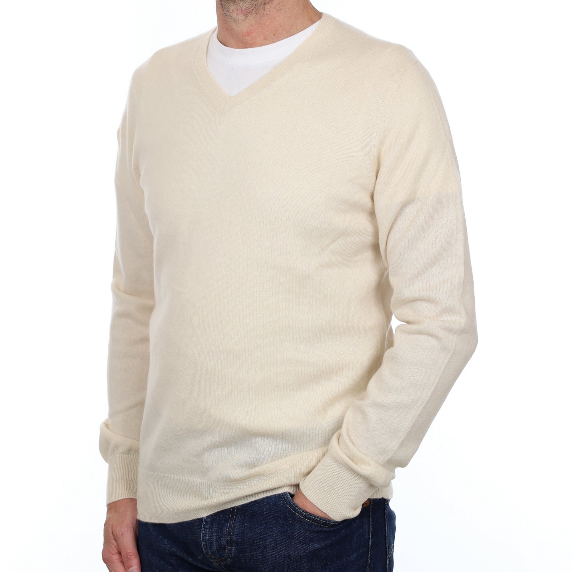 Men's Ivory Cream Cashmere V Neck Jumper Small