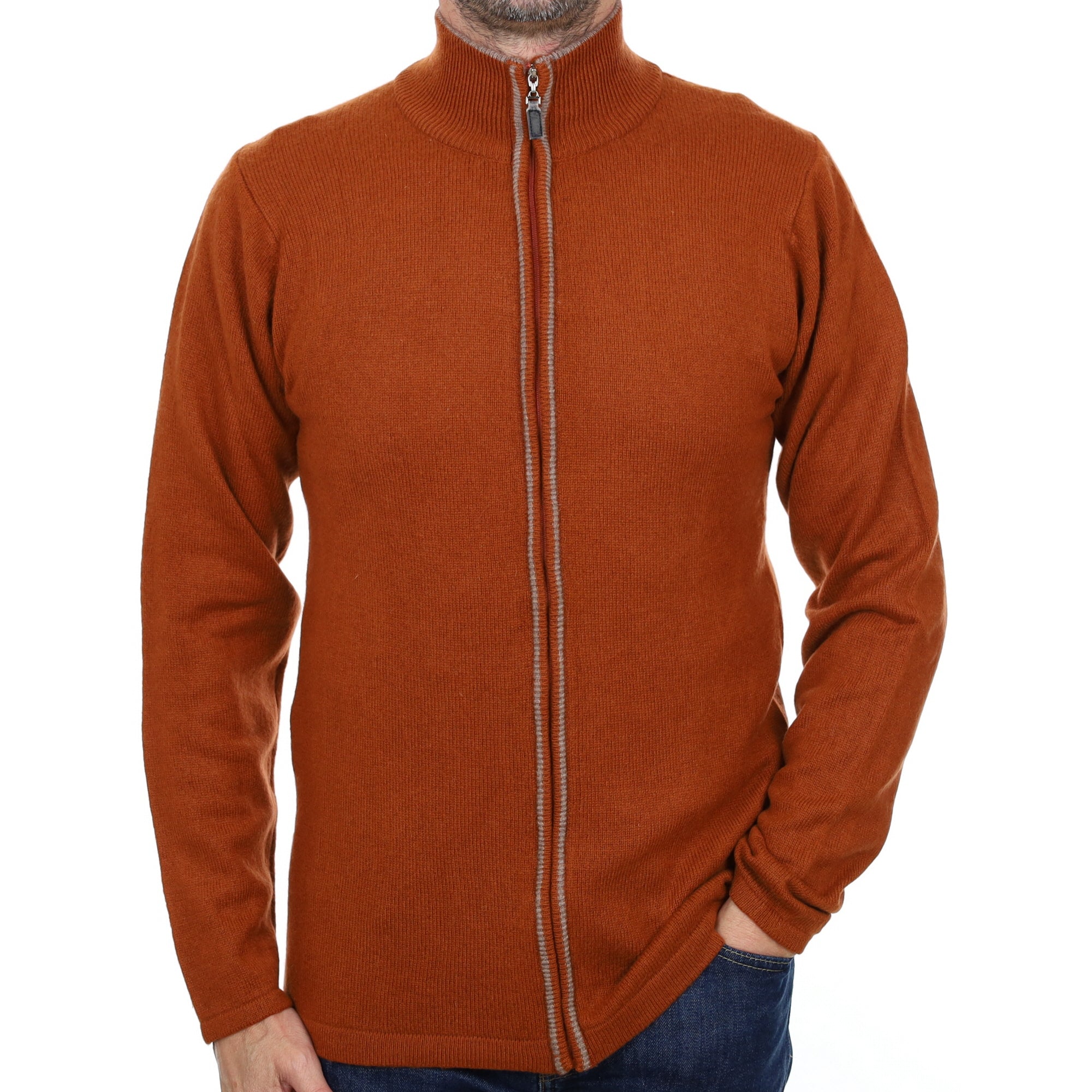 Men's Brick Orange Cashmere Zip Up Cardigan Small