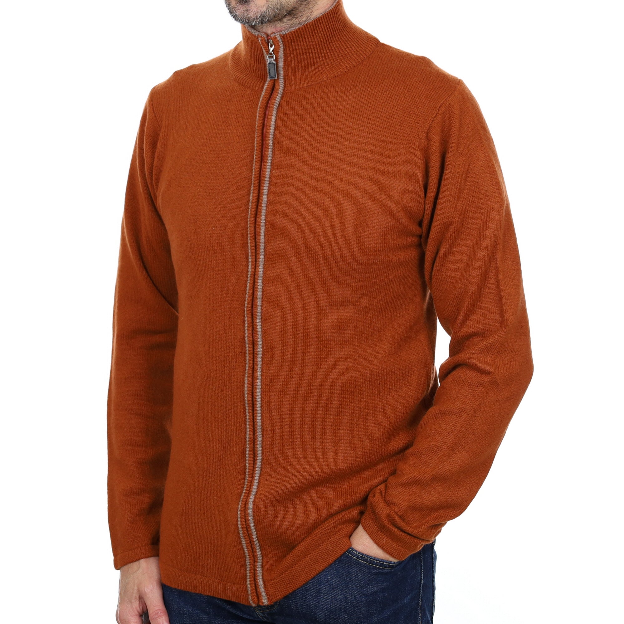 Men's Brick Orange Cashmere Zip Up Cardigan Small
