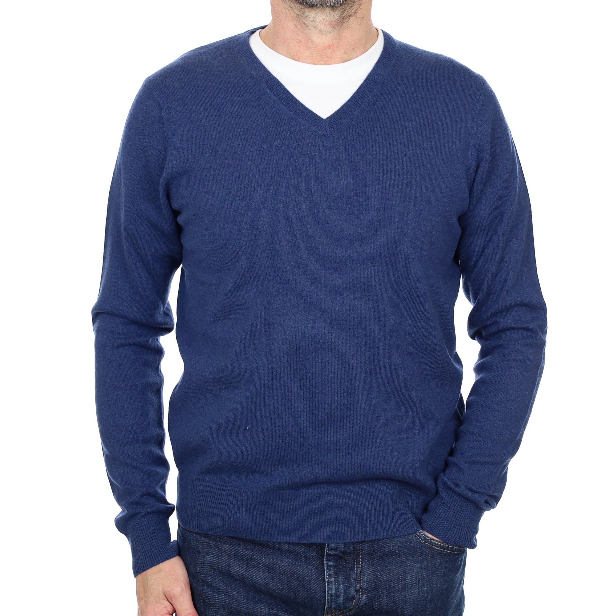 Men's Deep Denim Blue Cashmere V Neck Jumper Small