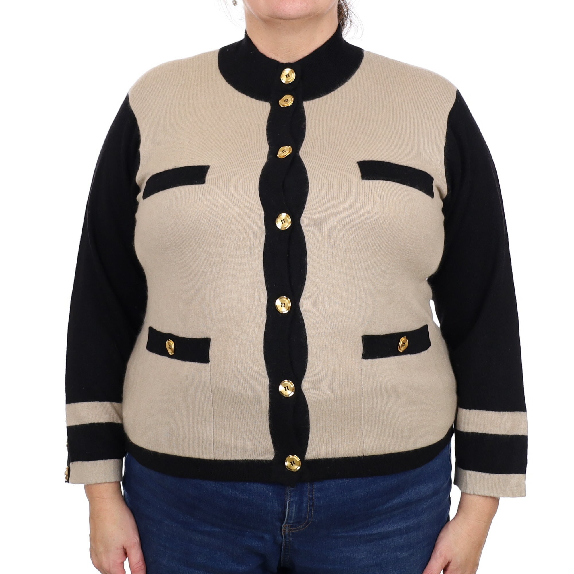 Black and Beige Cashmere Turtle Neck Cardigan Extra Large