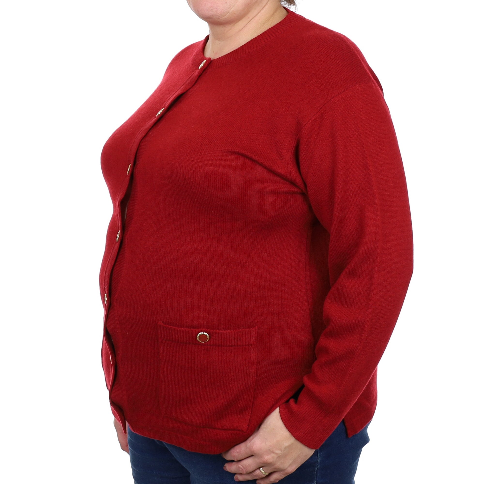 Burgundy Red Cashmere Crew Neck Cardigan with Pockets Extra Large