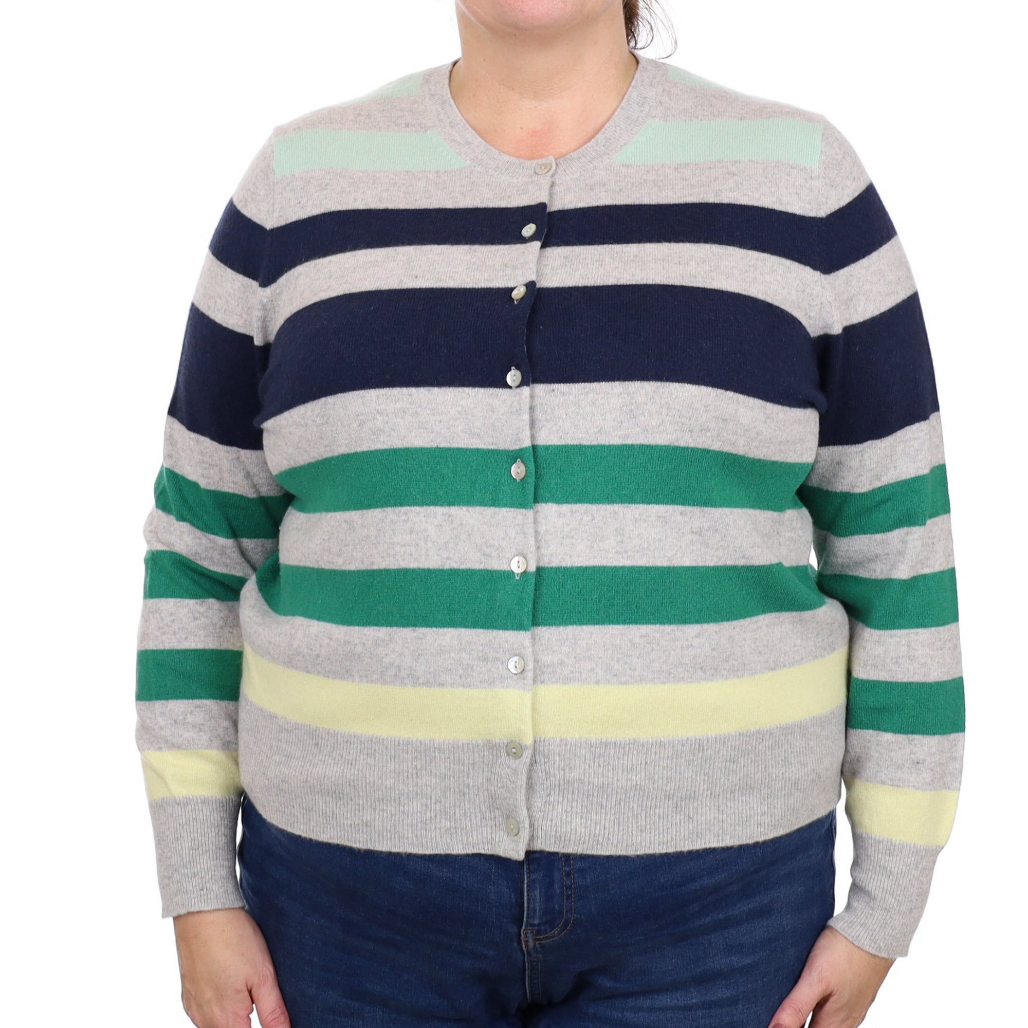 Grey and Green Stripe Cashmere Crew Neck Cardigan Extra Large