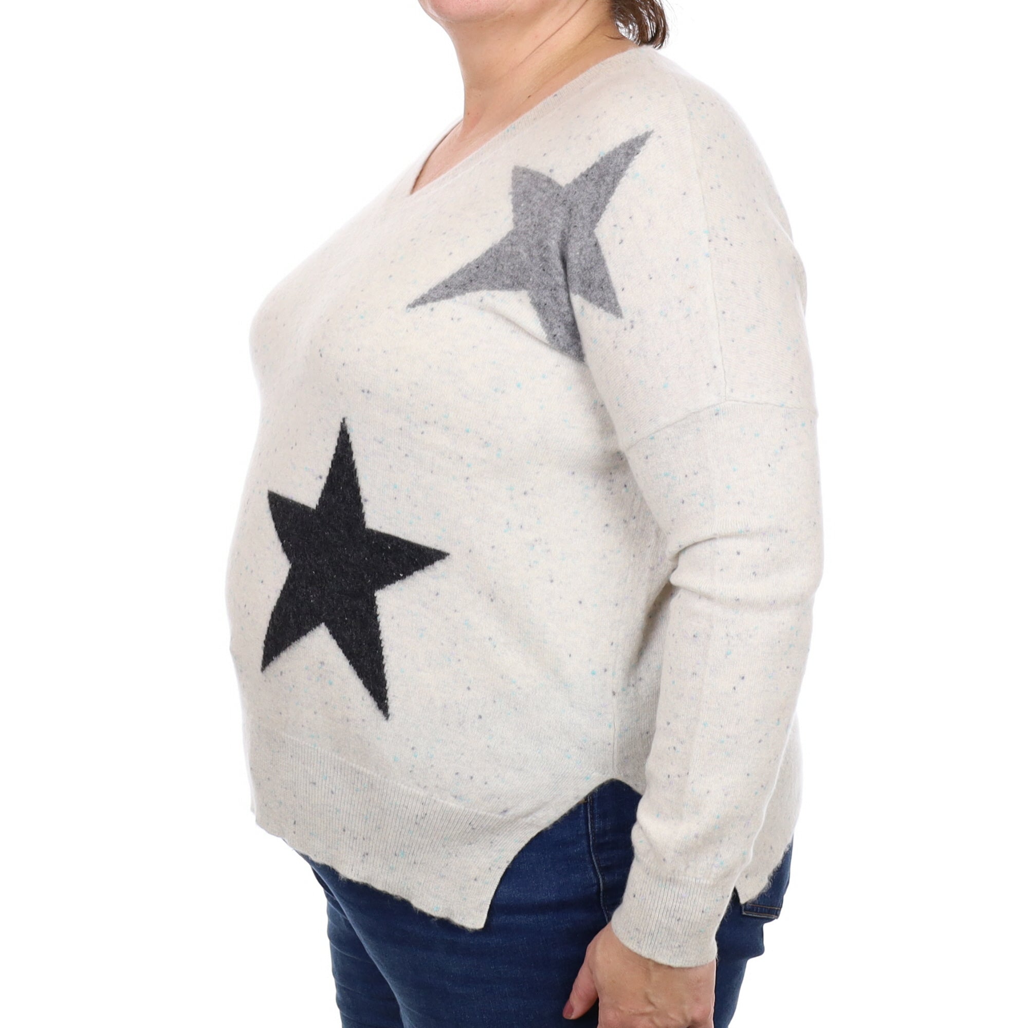 Grey Fleck Starry Cashmere V Neck Jumper Extra Large