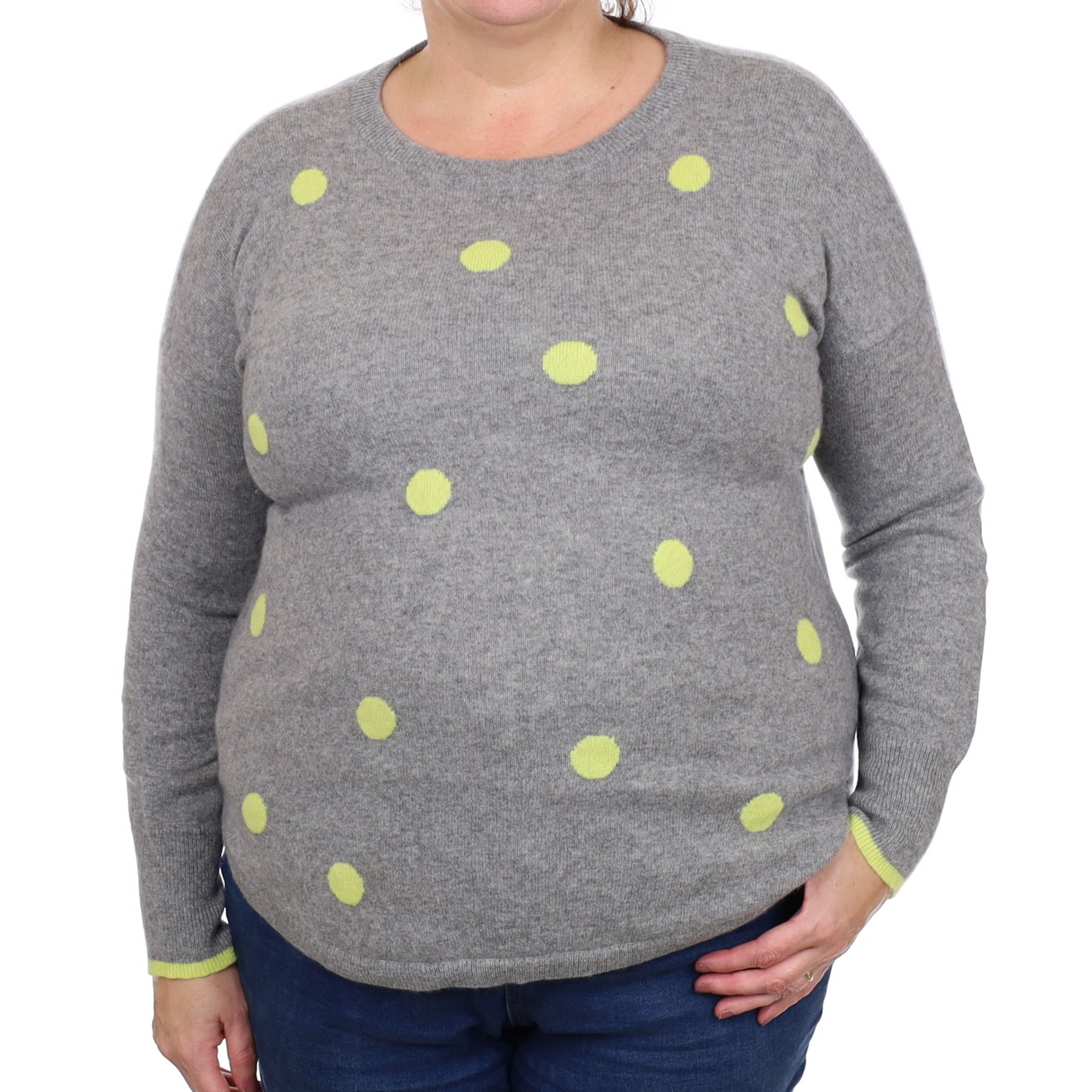 Grey and Yellow Polka Dot Cashmere Crew Neck Jumper Extra Large