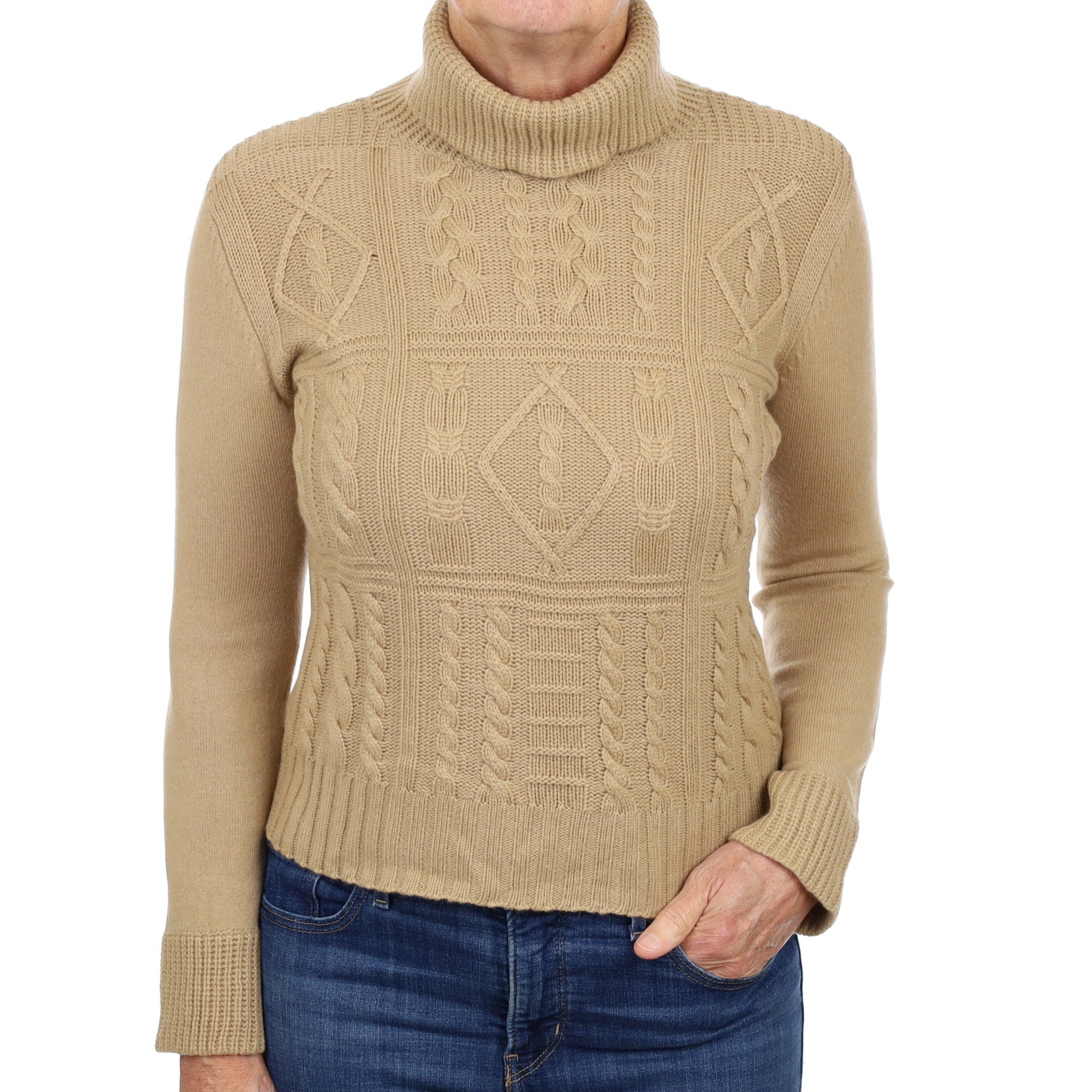 Camel Brown Textured Knit Cashmere Polo Neck Jumper Medium