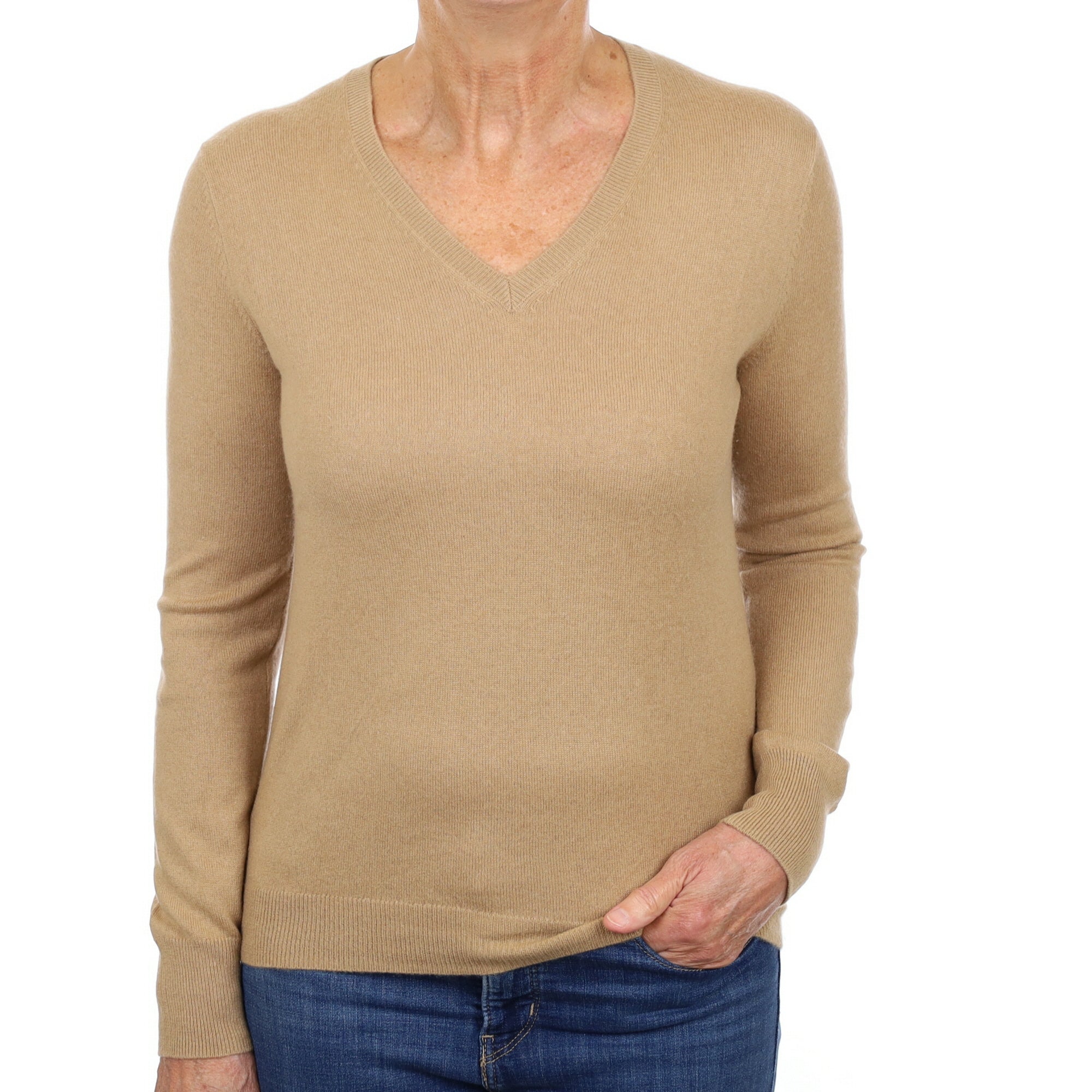 Camel Brown Cashmere V Neck Jumper Medium