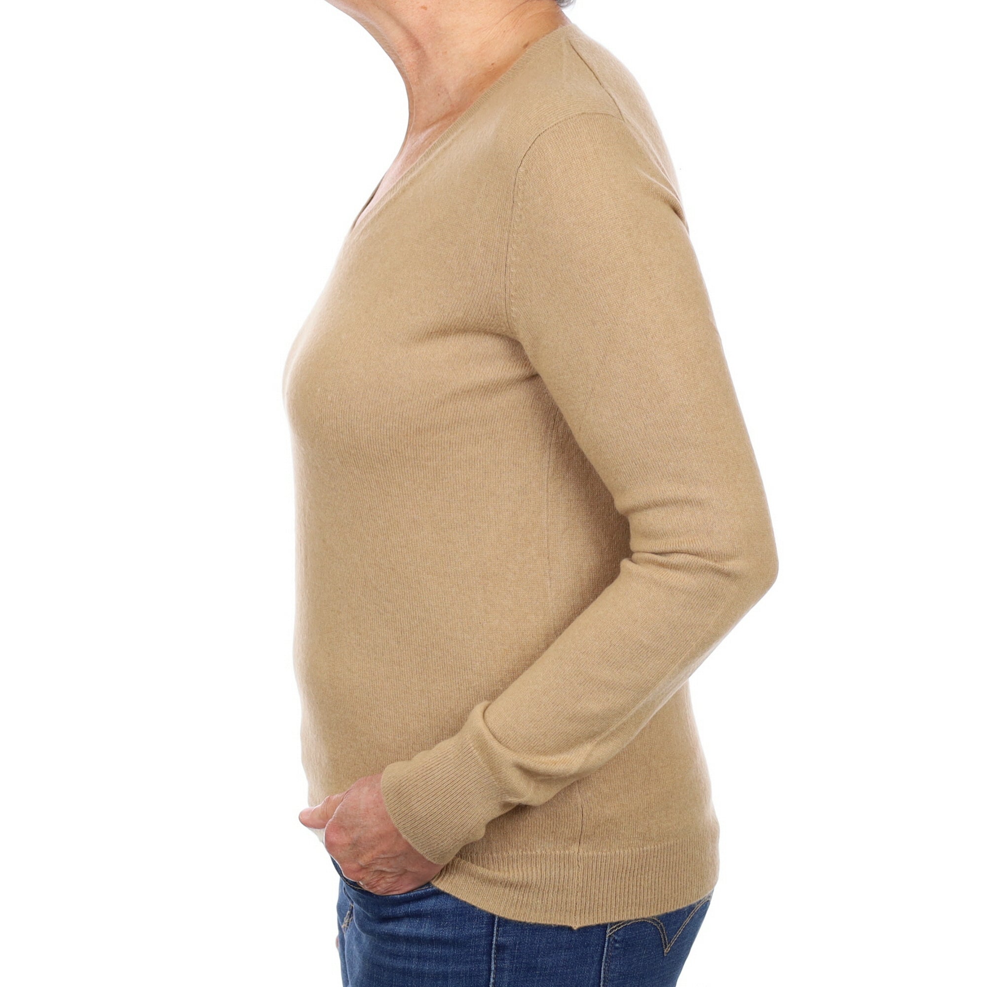 Camel Brown Cashmere V Neck Jumper Medium