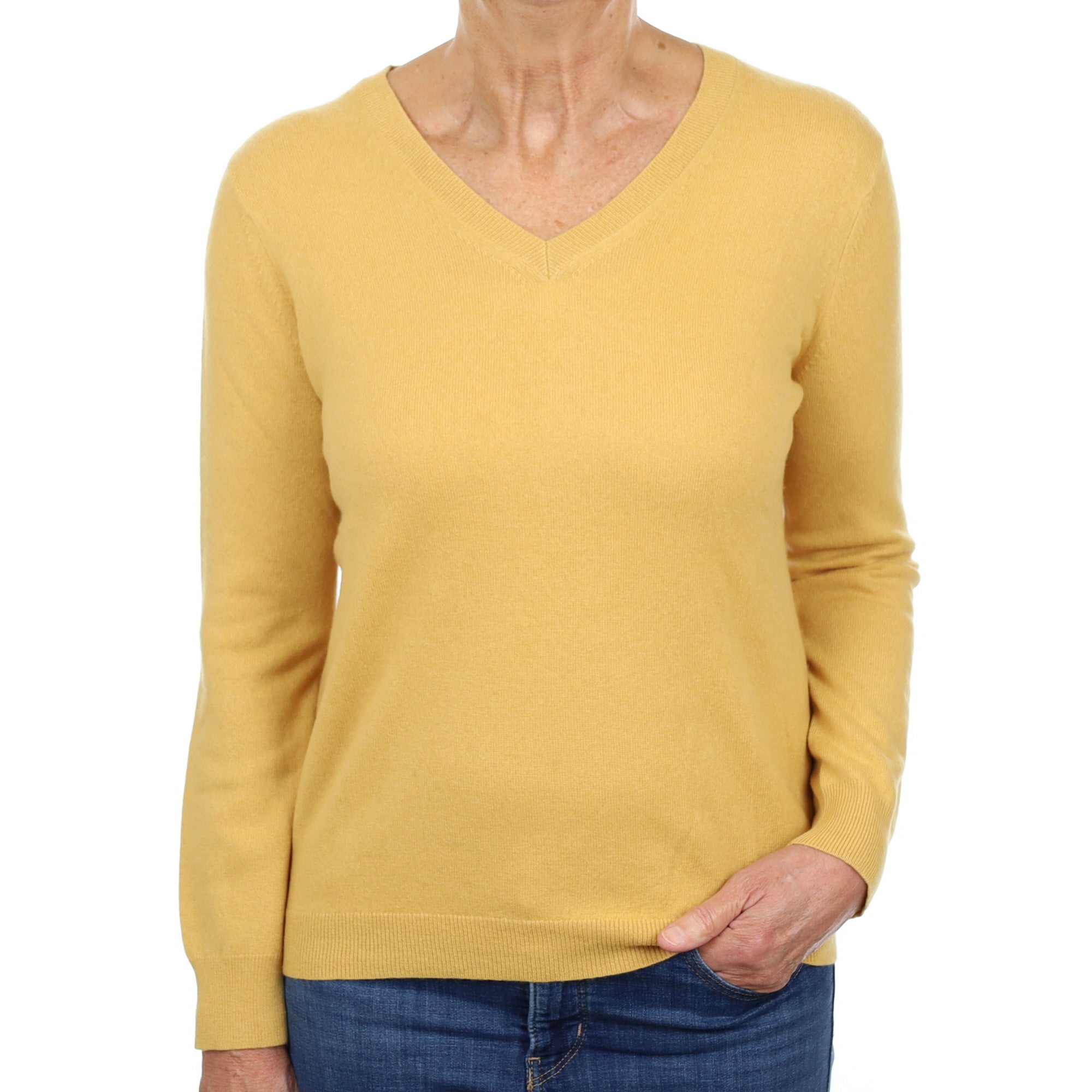 Flaxen Yellow Cashmere V Neck Jumper Medium
