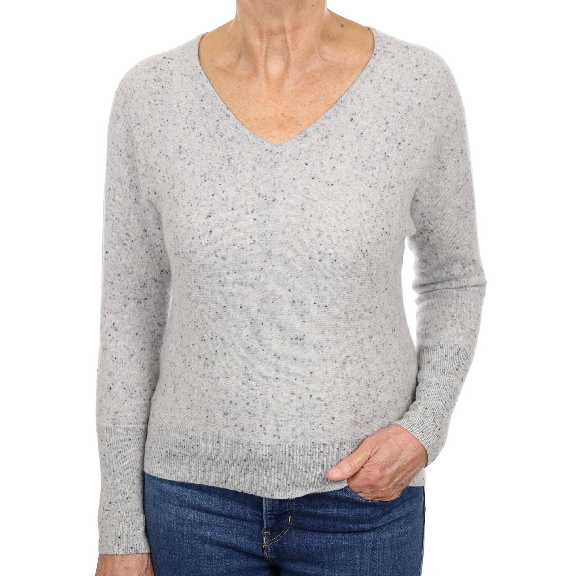 Smoke Grey Flecked Cashmere V Neck Jumper Medium