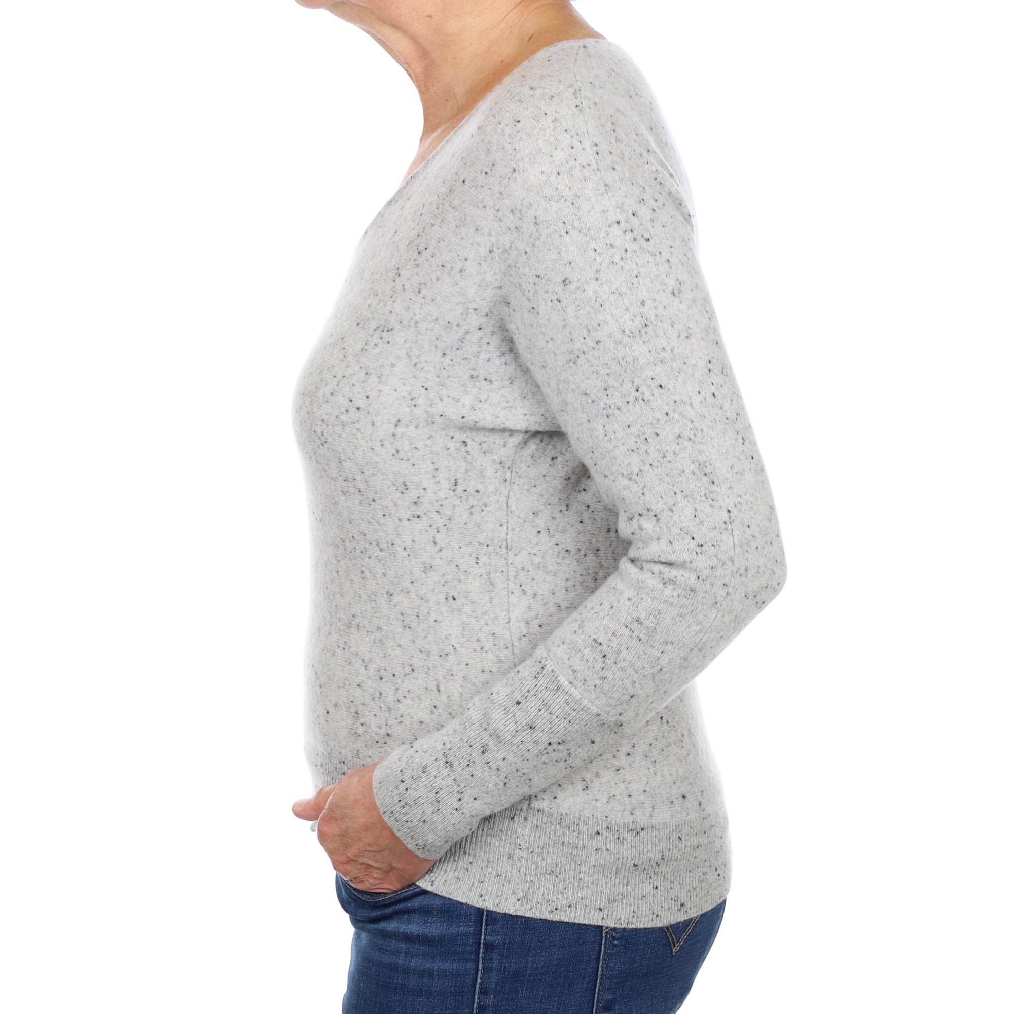 Smoke Grey Flecked Cashmere V Neck Jumper Medium