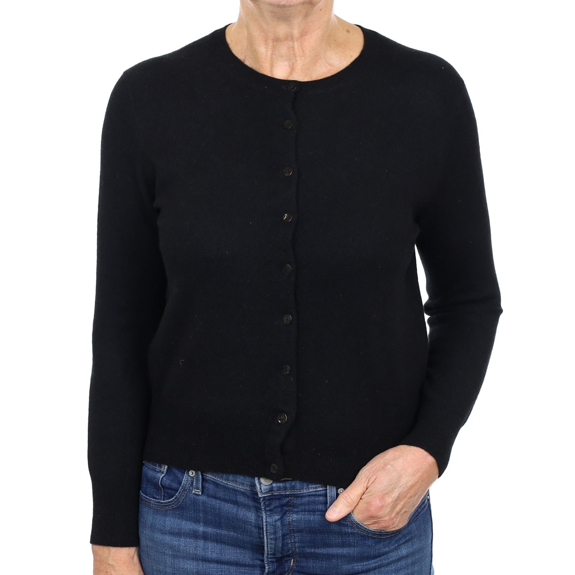 Black Cashmere Crew Neck Cardigan Medium