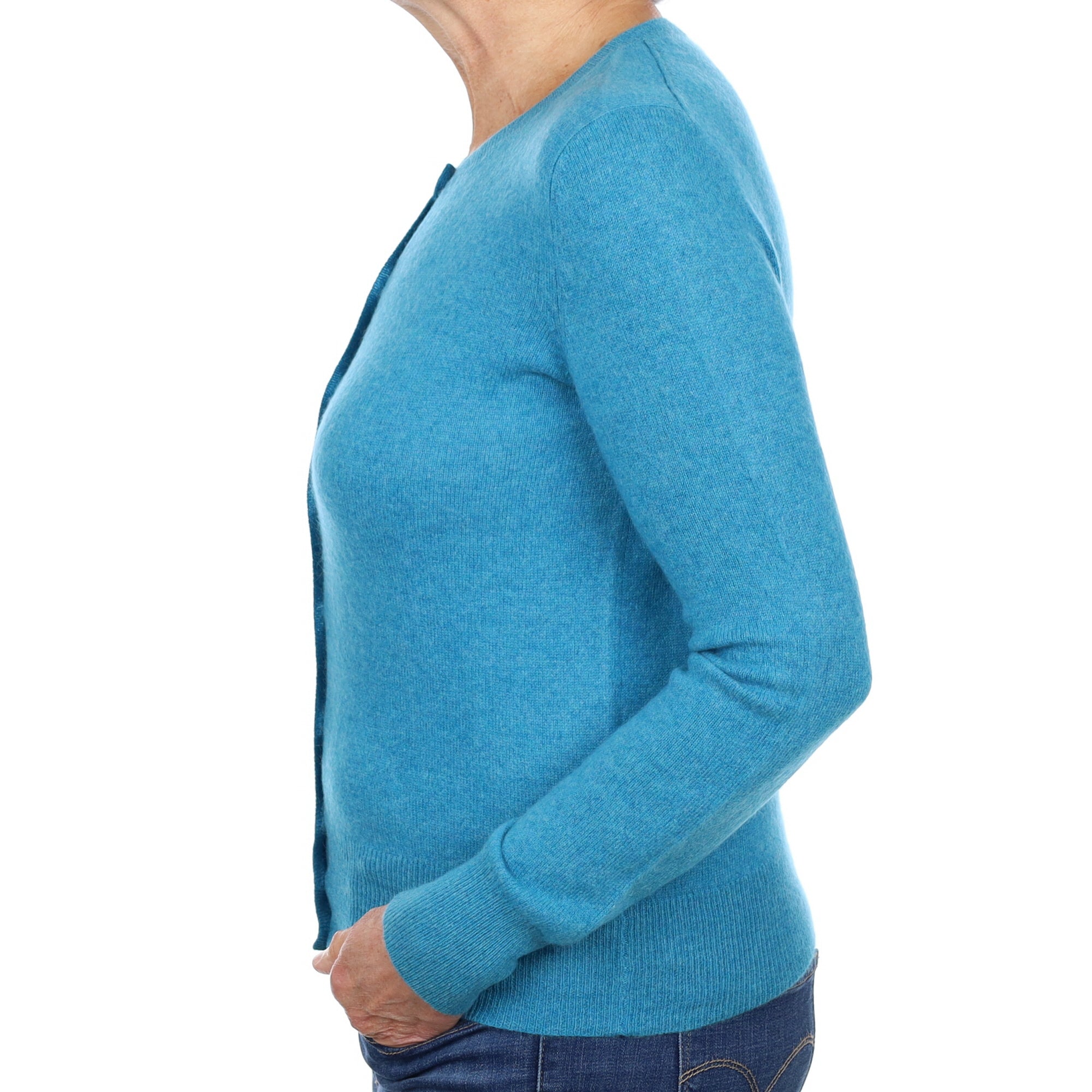 Aqua Blue Marl Cashmere Crew Neck Cardigan Medium