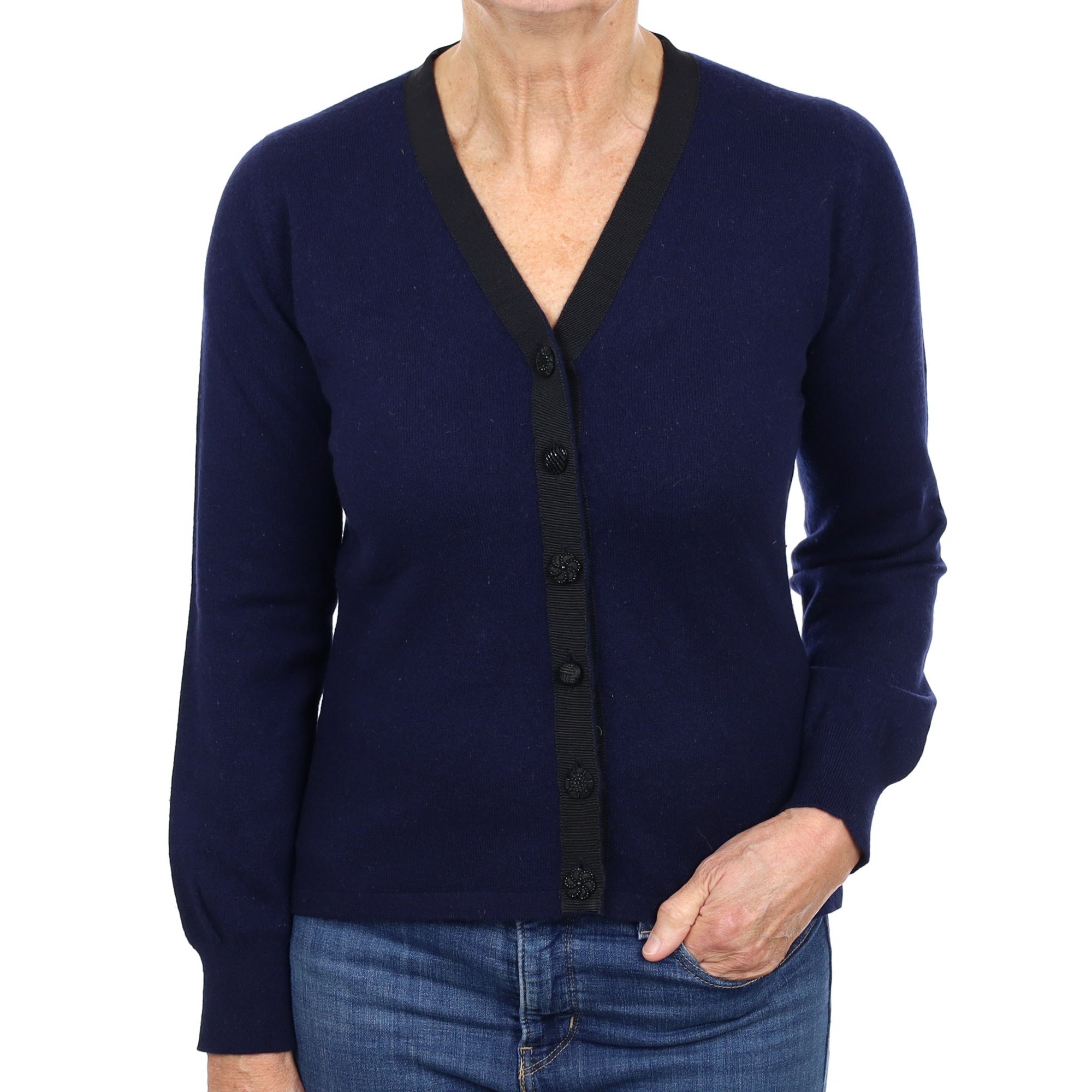 Navy Blue Cashmere V Neck Cardigan Medium