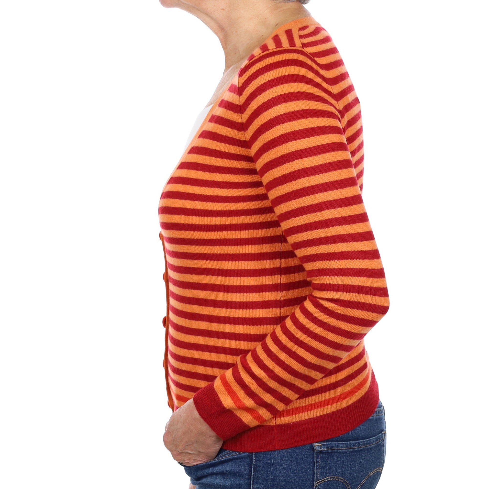 Crimson and Tangerine Striped Cashmere Crew Neck Cardigan Medium