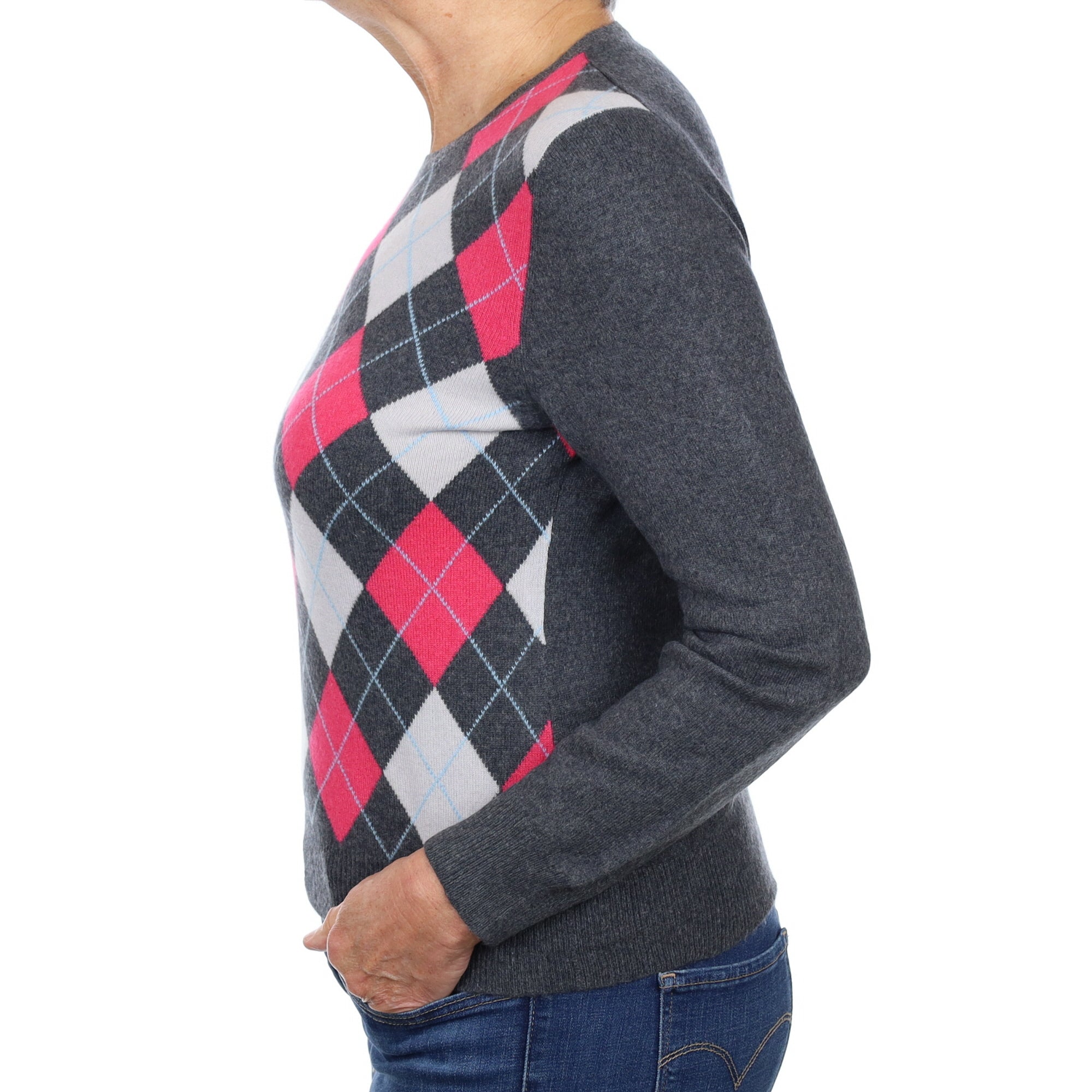 Charcoal Grey Argyle Cashmere Crew Neck Jumper Medium