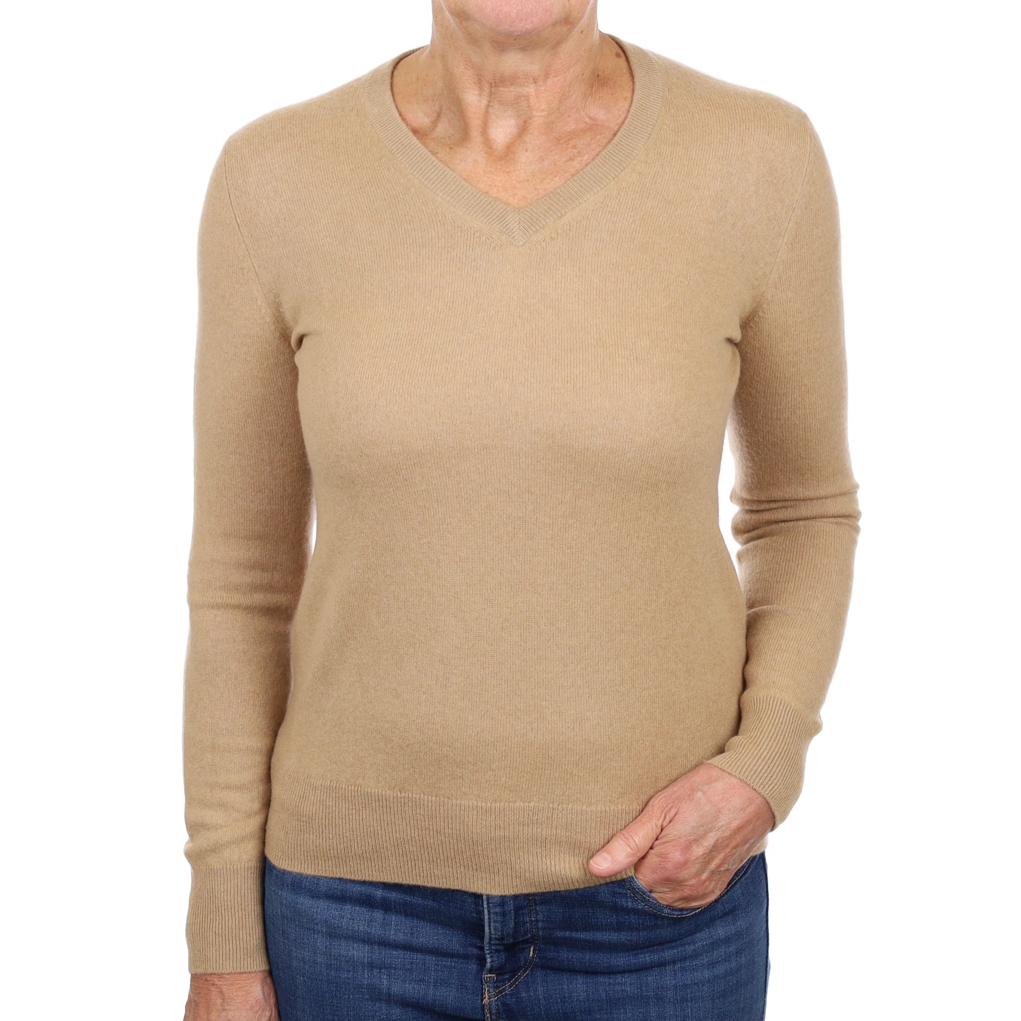 Camel Brown Cashmere V Neck Jumper Medium