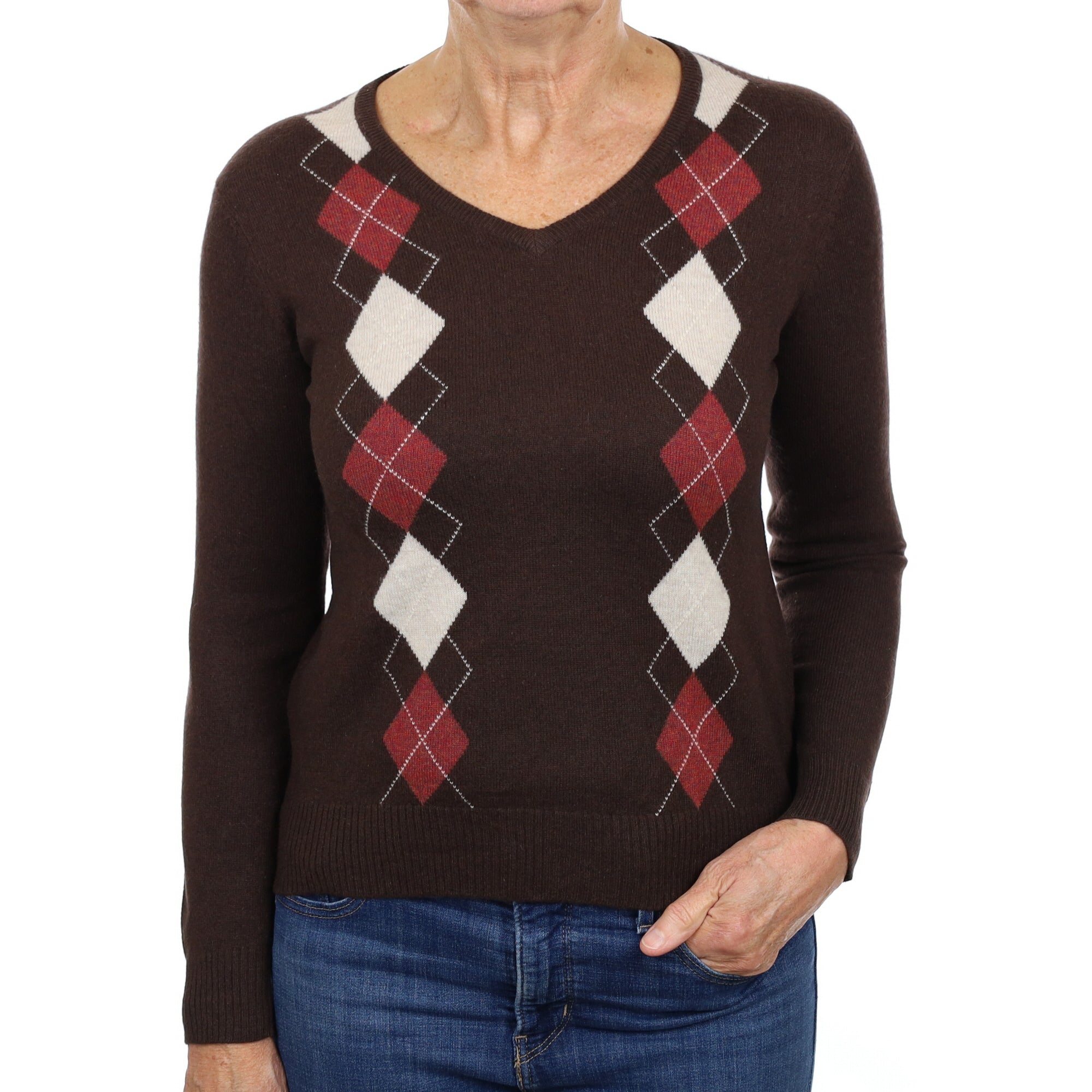 Chocolate Brown Argyle Cashmere V Neck Jumper Medium