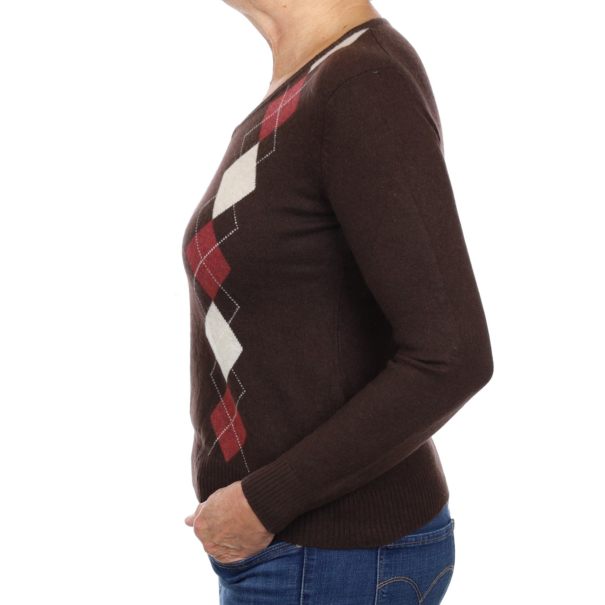 Chocolate Brown Argyle Cashmere V Neck Jumper Medium
