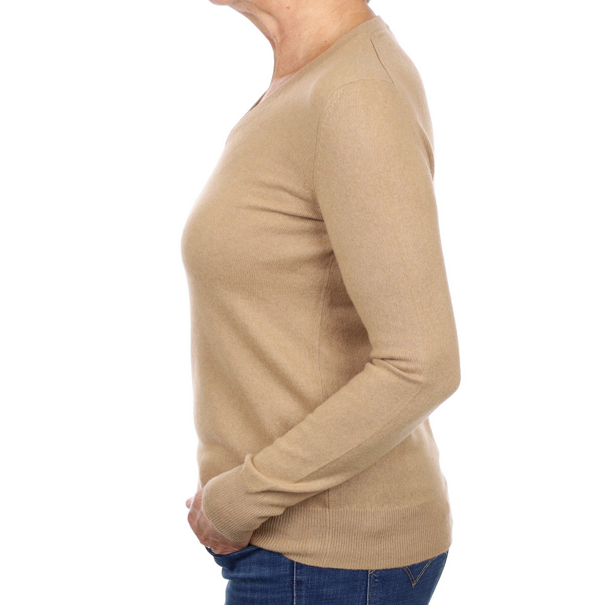 Camel Brown Cashmere V Neck Jumper Medium