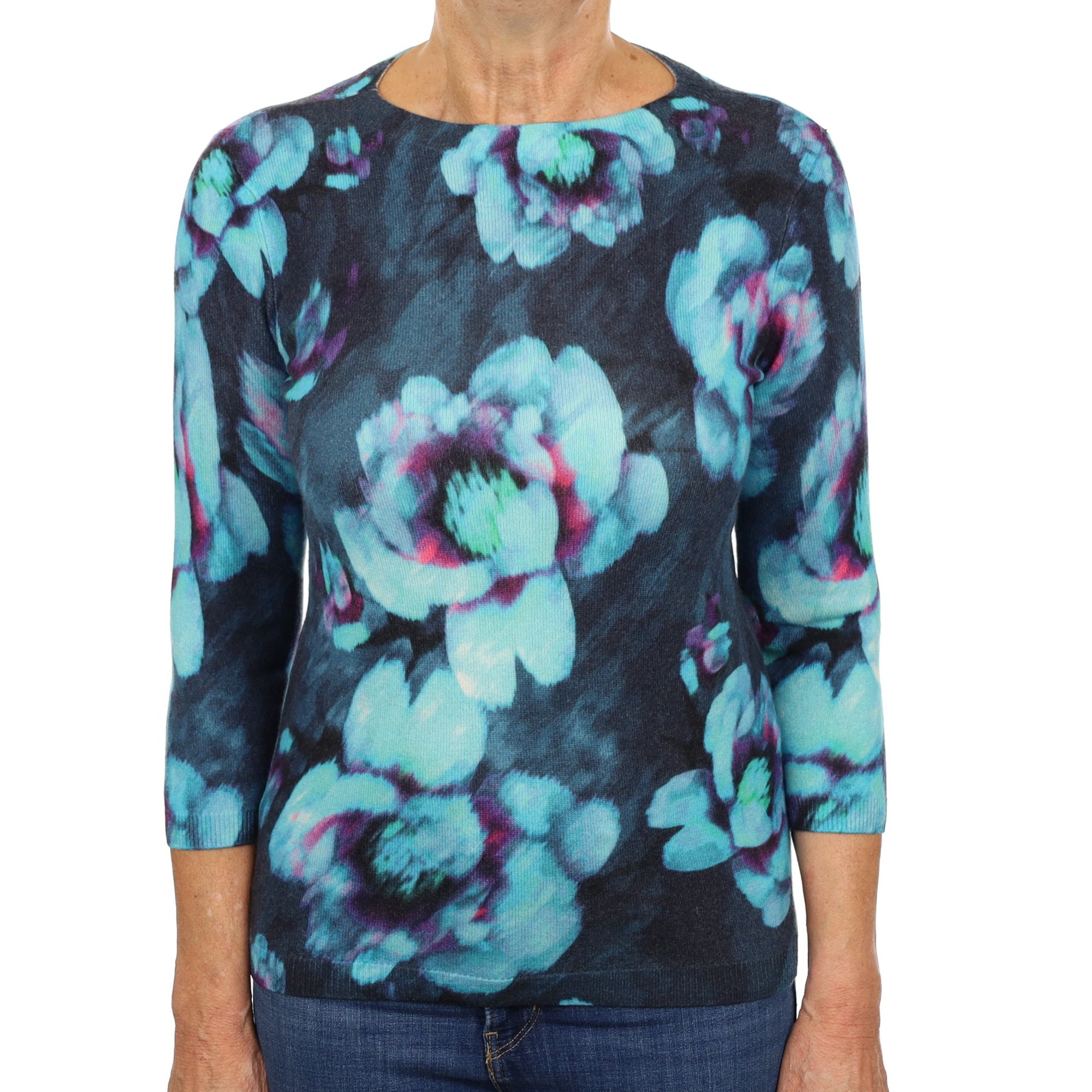 Blue Floral Cashmere Crew Neck Jumper Medium
