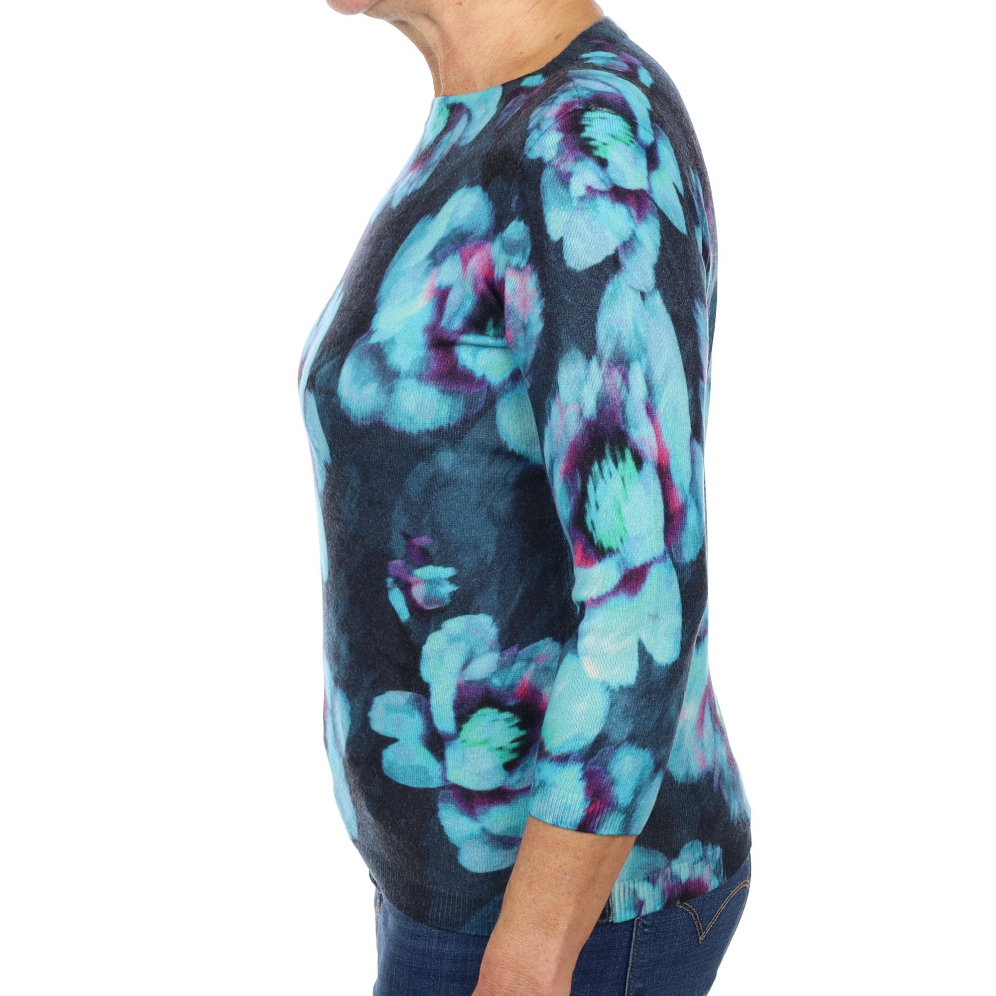 Blue Floral Cashmere Crew Neck Jumper Medium