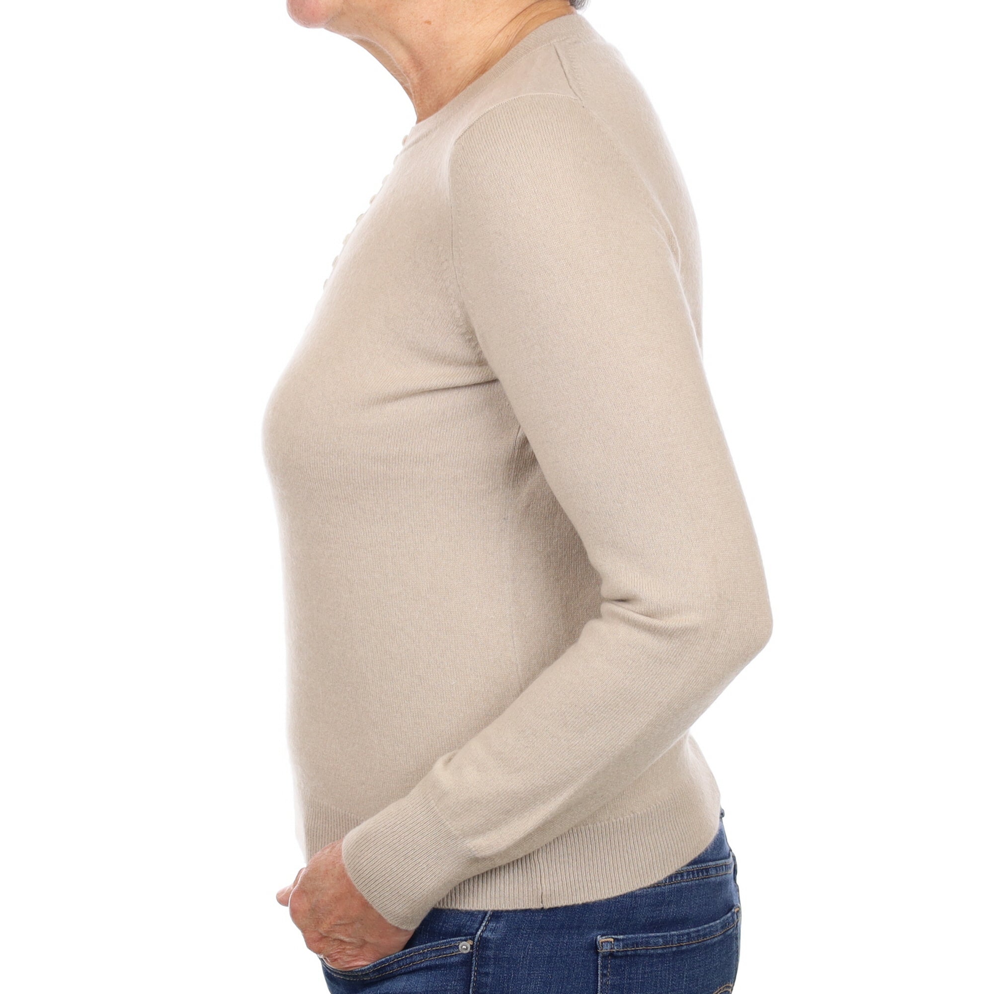 Theory Fawn Beige Cashmere 3/4 Buttoned Crew Neck Jumper Medium