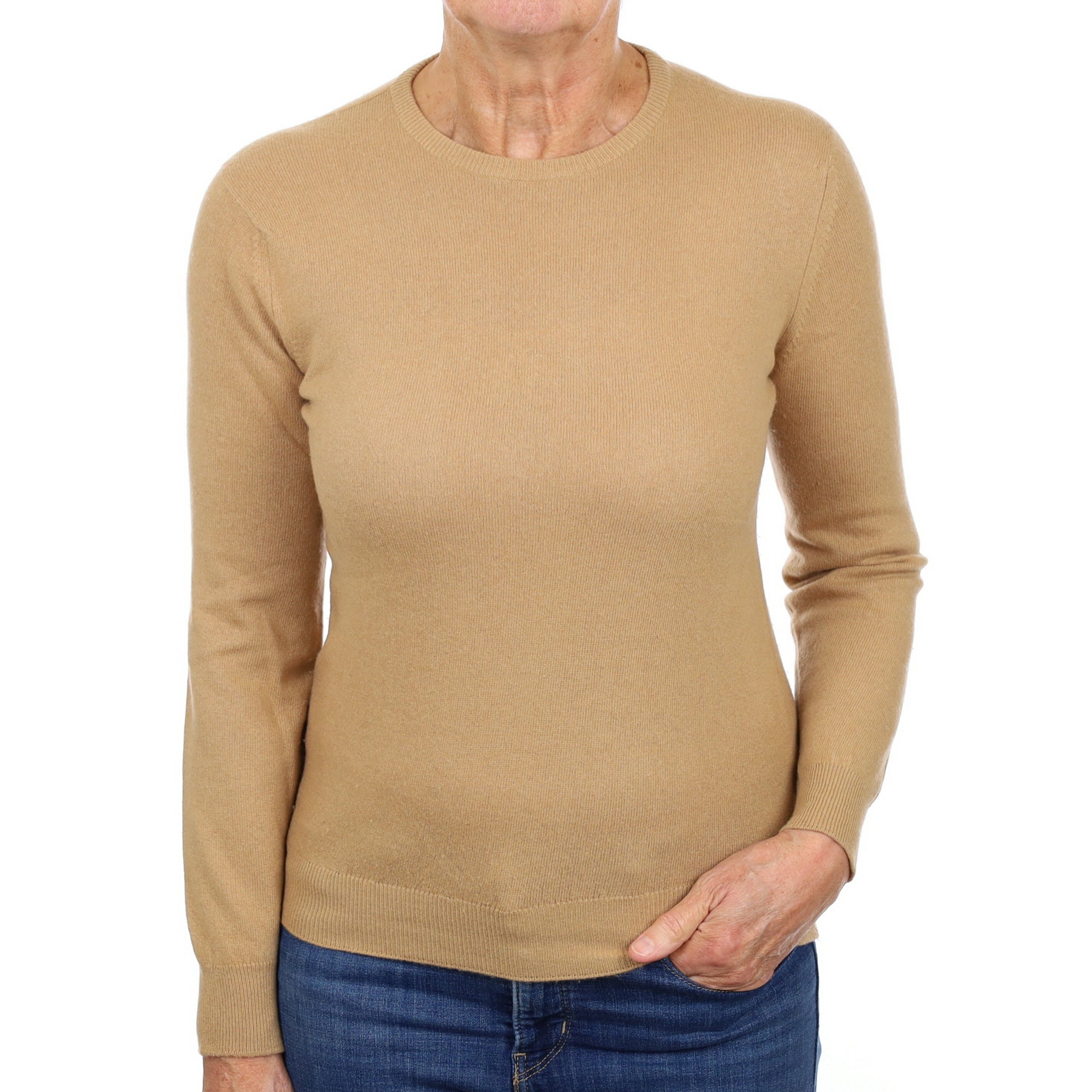 Camel Brown Cashmere Crew Neck Jumper Medium