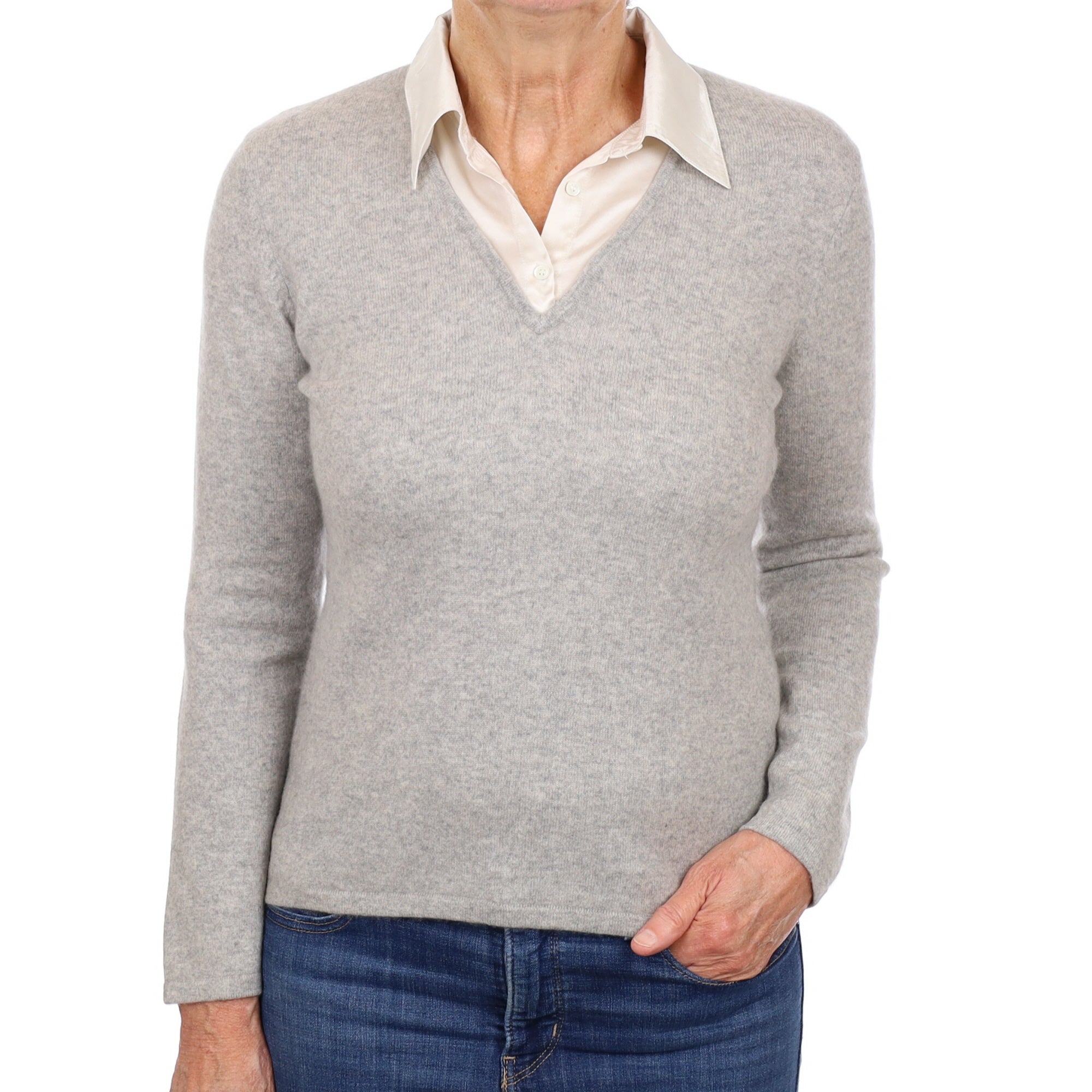 Smoke Grey Cashmere Faux Silk Collared V Neck Jumper Medium