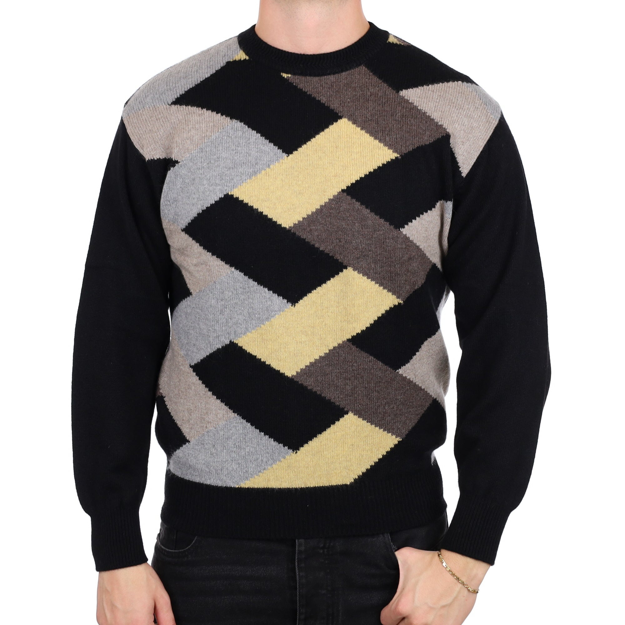 Men's Black Patterned Cashmere Crew Neck Jumper XL