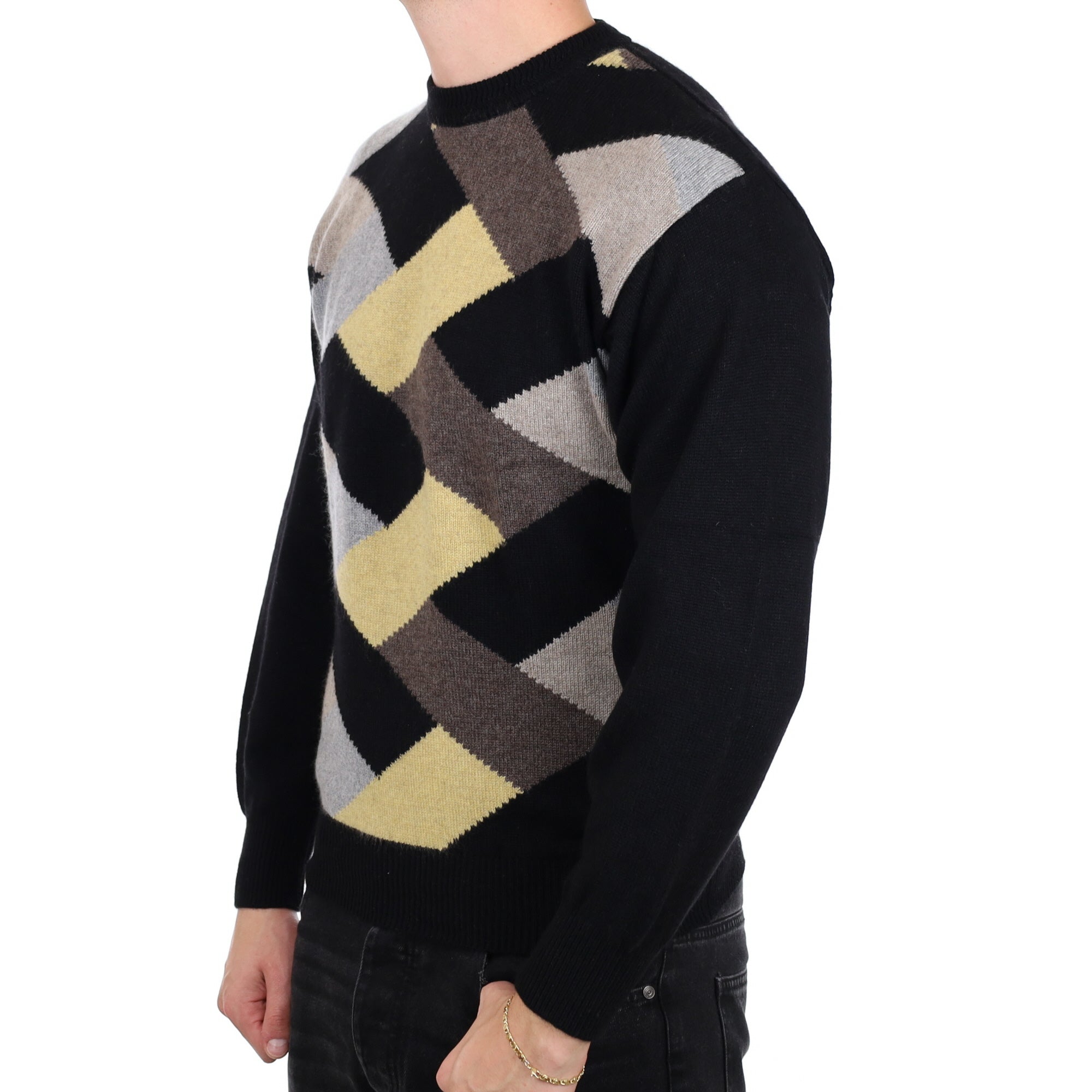 Men's Black Patterned Cashmere Crew Neck Jumper XL