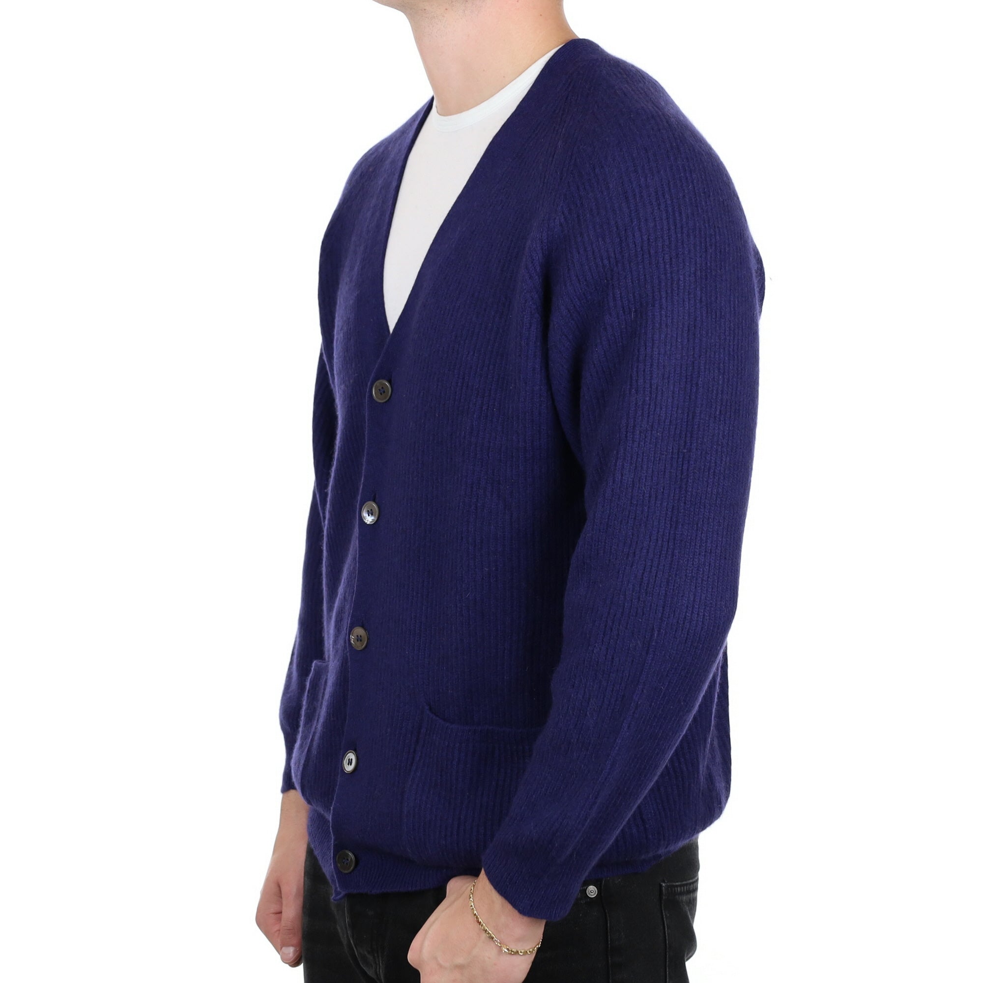 Men's Scottish Indigo Blue Cashmere V Neck Cardigan XL
