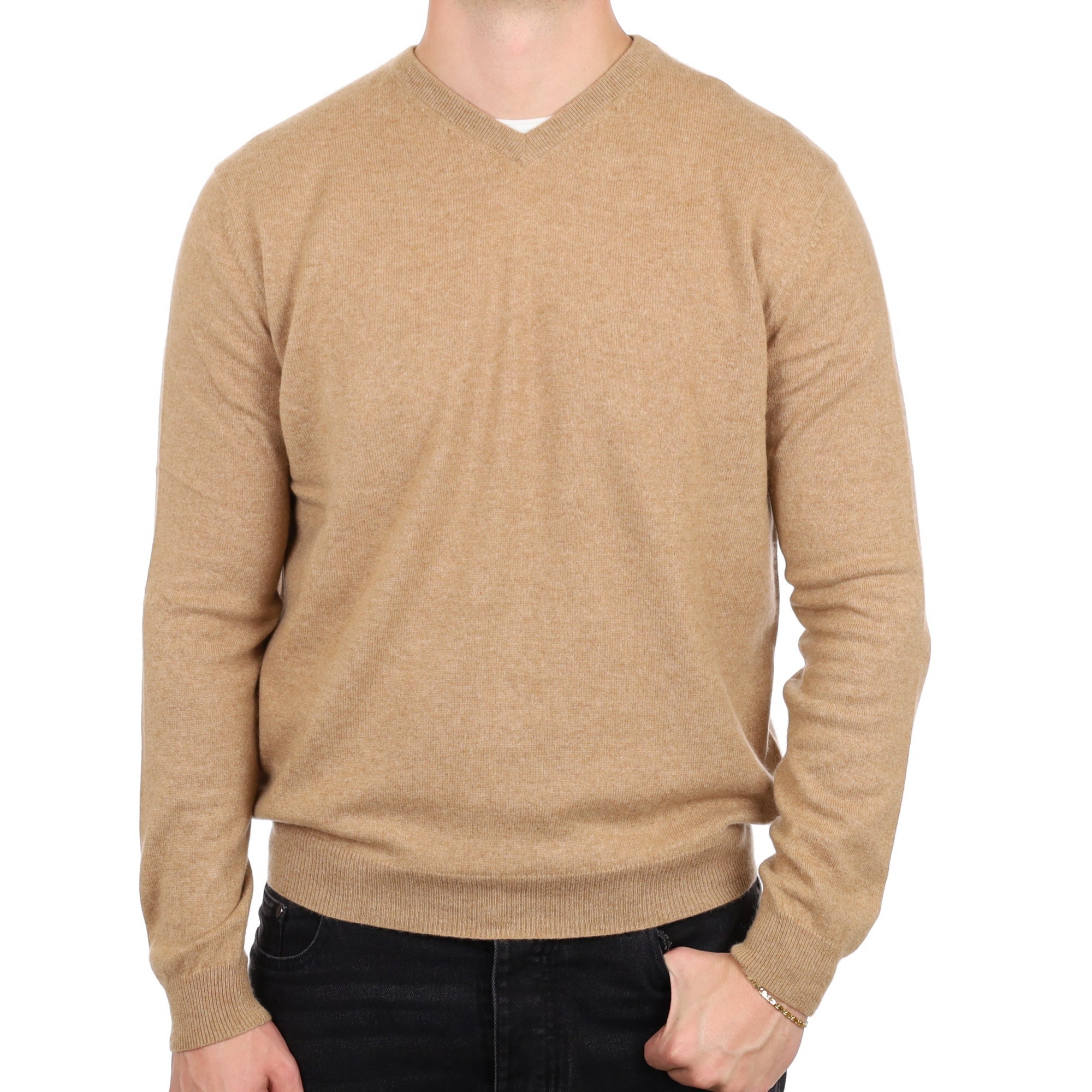 Men's Butterscotch Brown Cashmere V Neck Jumper XL