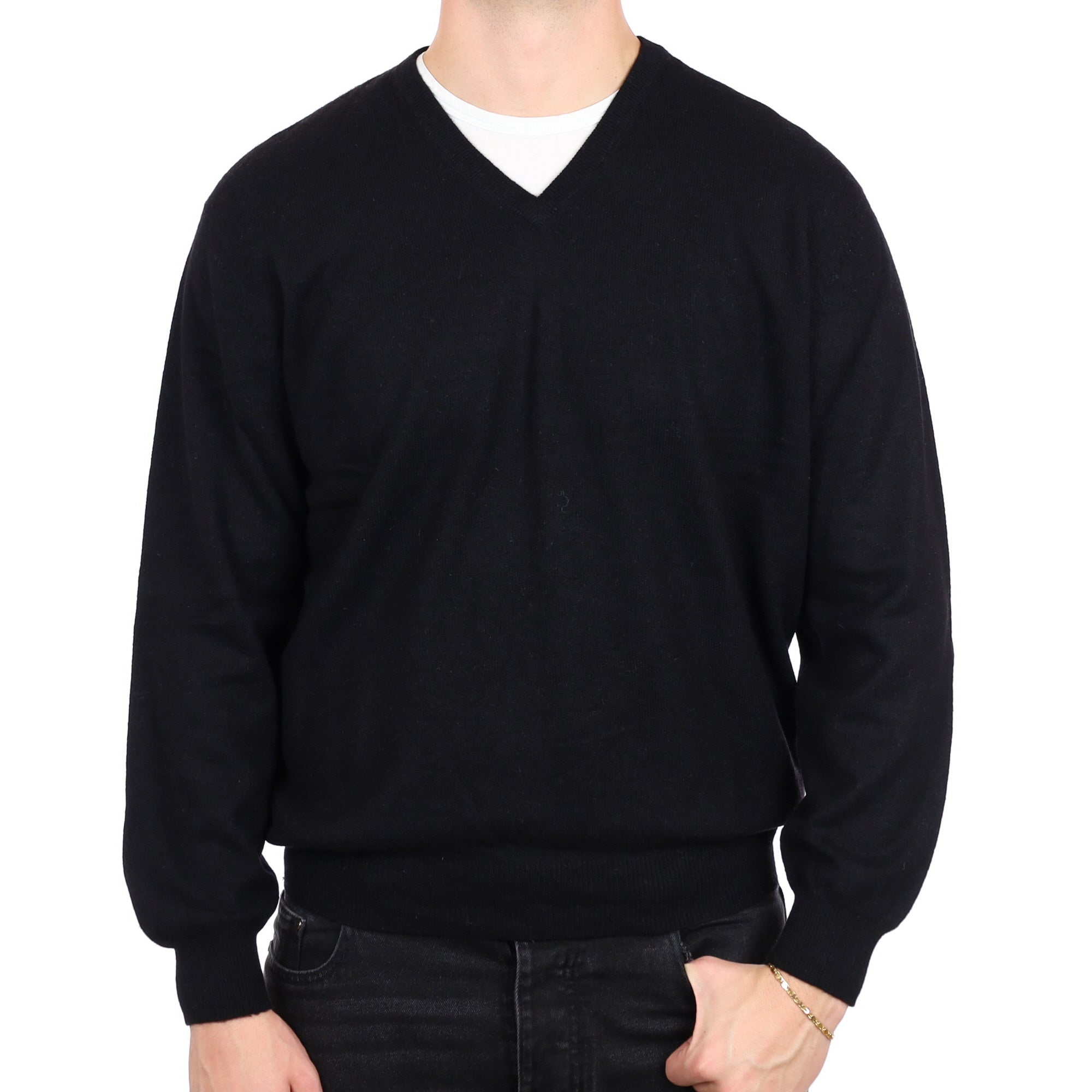 Men's Black Cashmere V Neck Jumper XL