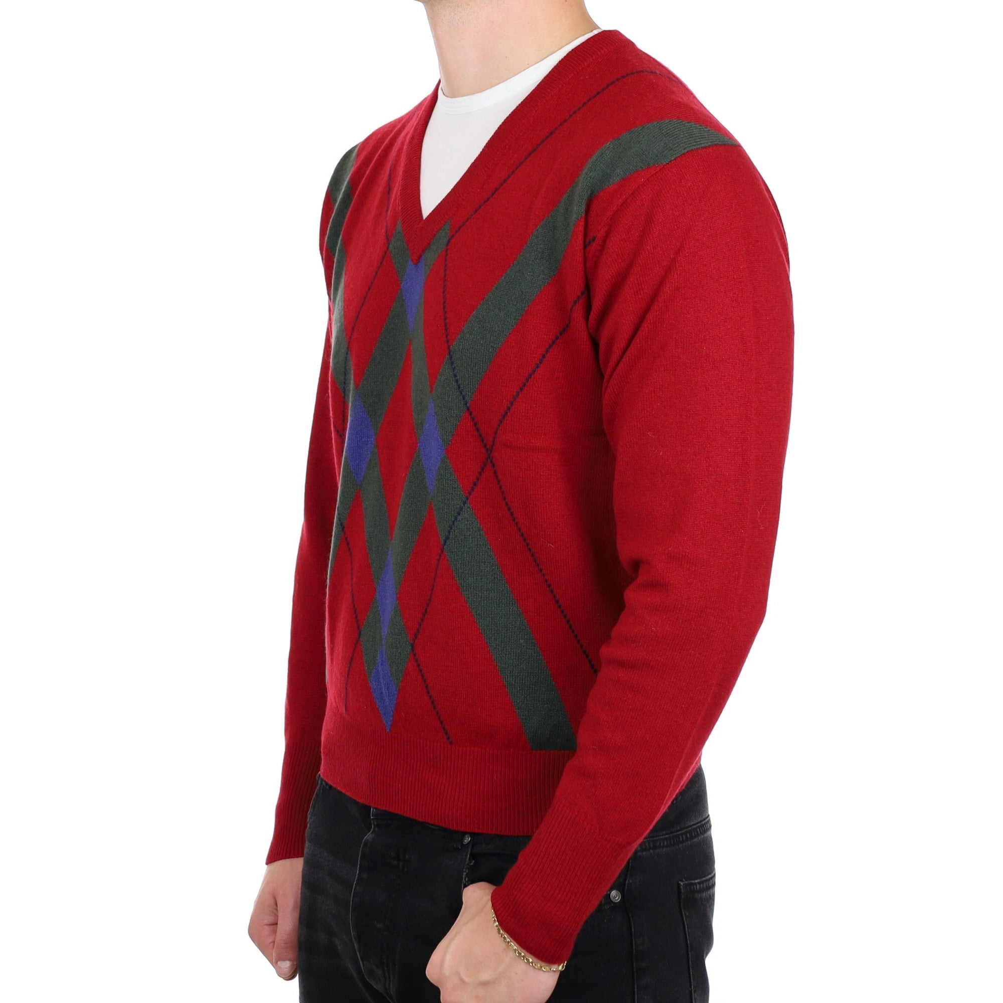 Men's Vintage Crimson Red Patterned Cashmere V Neck Jumper XL