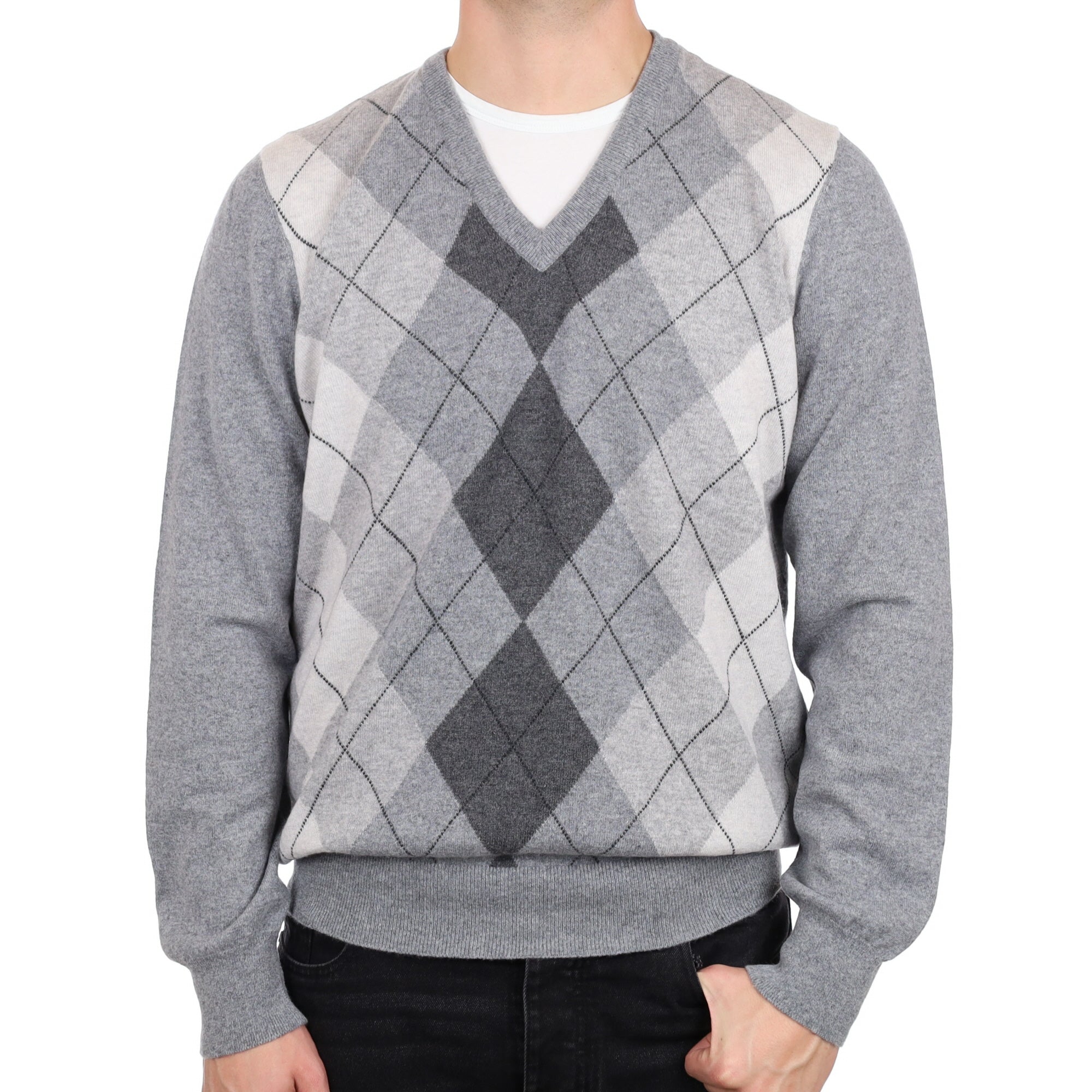 Men's Scottish Ash Grey Argyle Cashmere V Neck Jumper XL