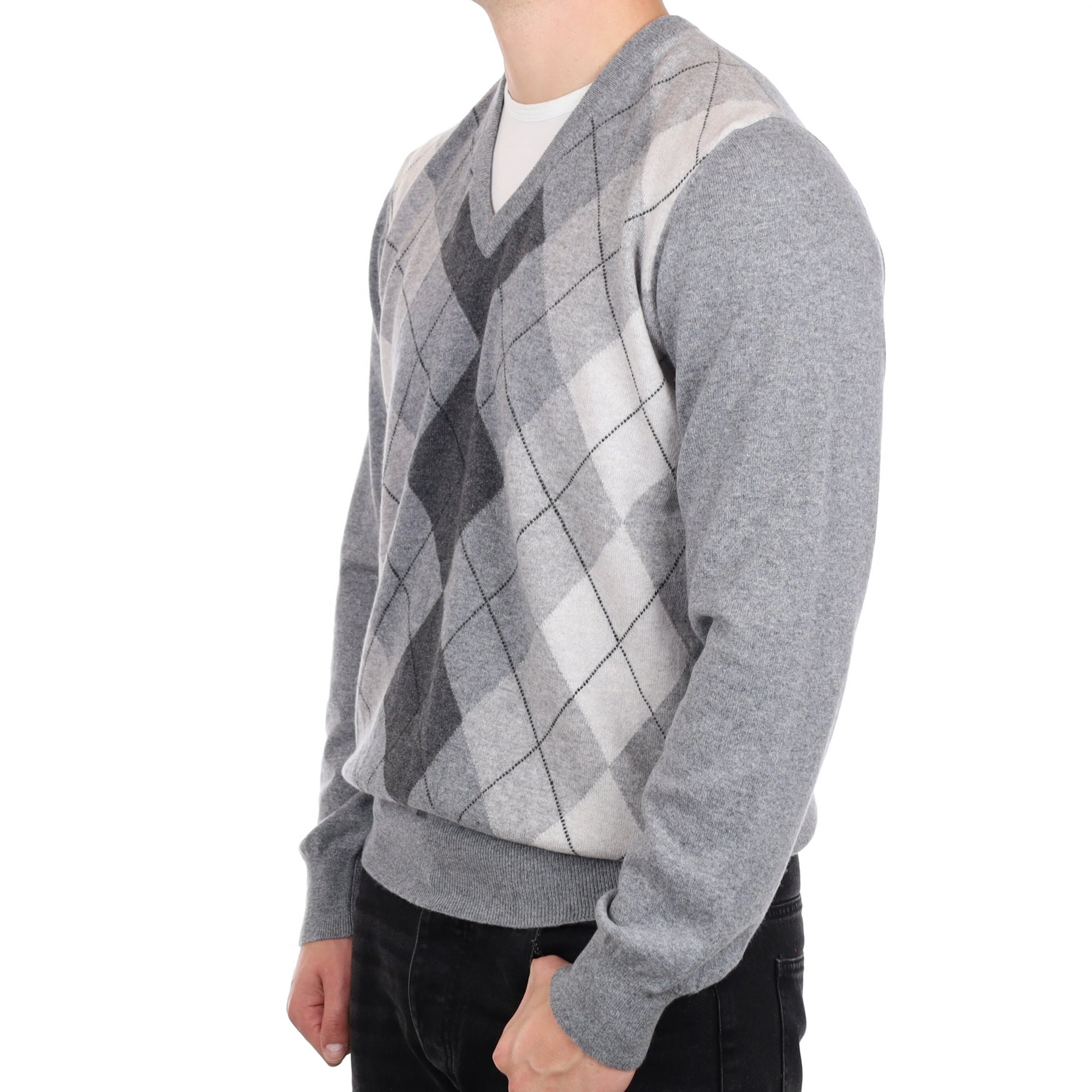 Men's Scottish Ash Grey Argyle Cashmere V Neck Jumper XL