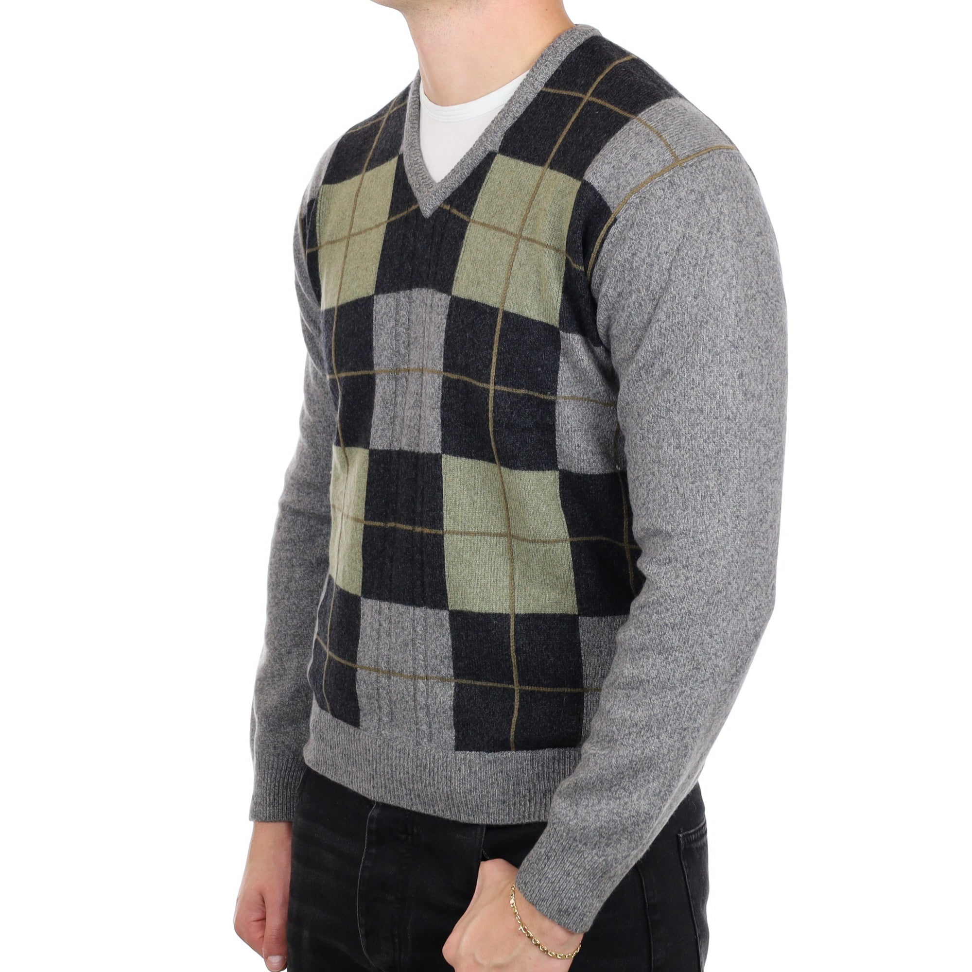 Men's Steel Grey Patterned Cashmere V Neck Jumper XL