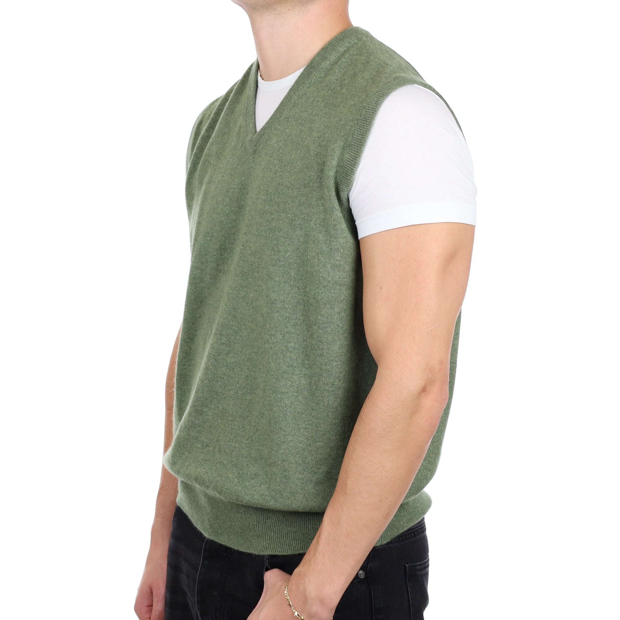 Men's Sage Green Cashmere V Neck Tank Top XL